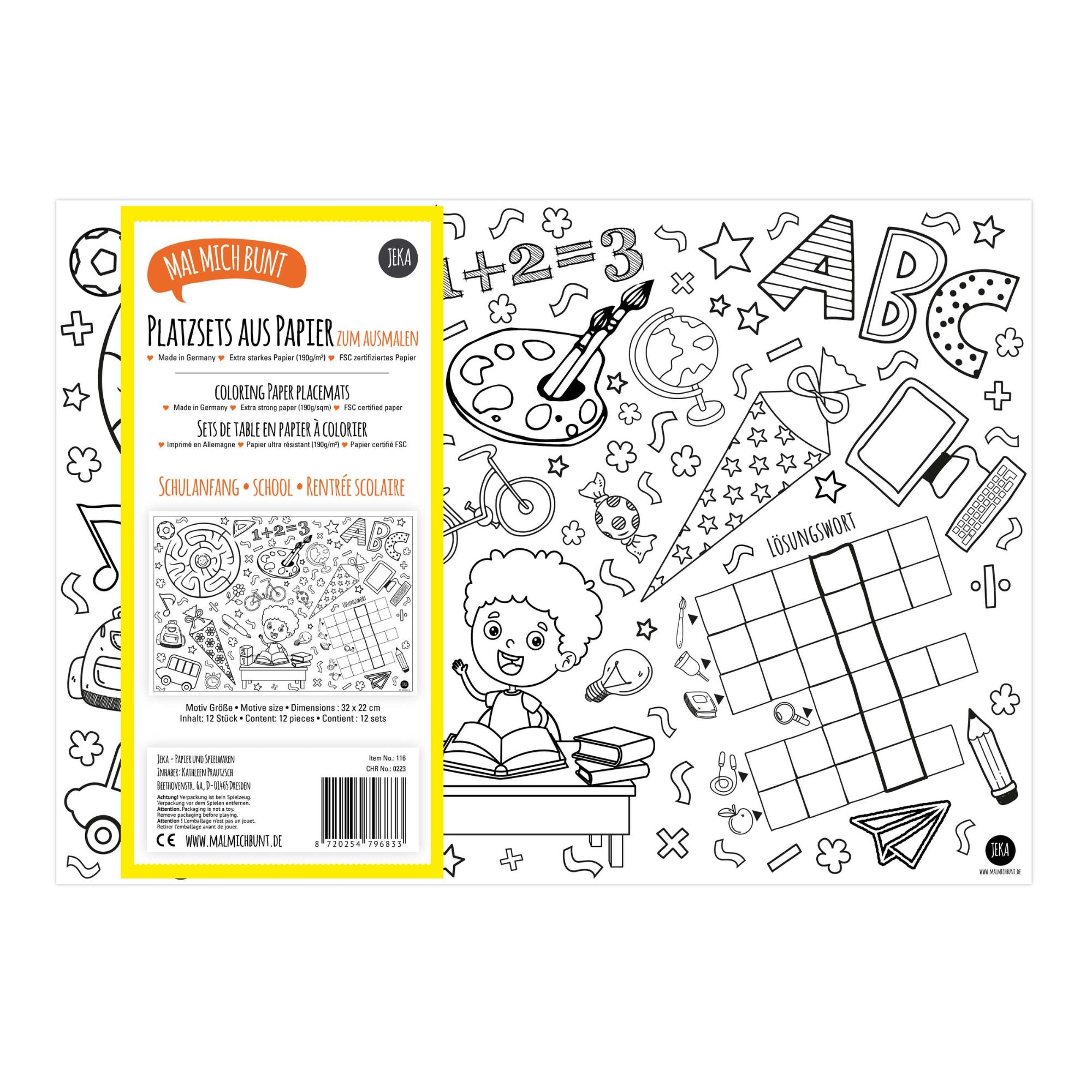12 Platzsets Schulanfang zum Ausmalen Jeka - malmichbuntbest.com