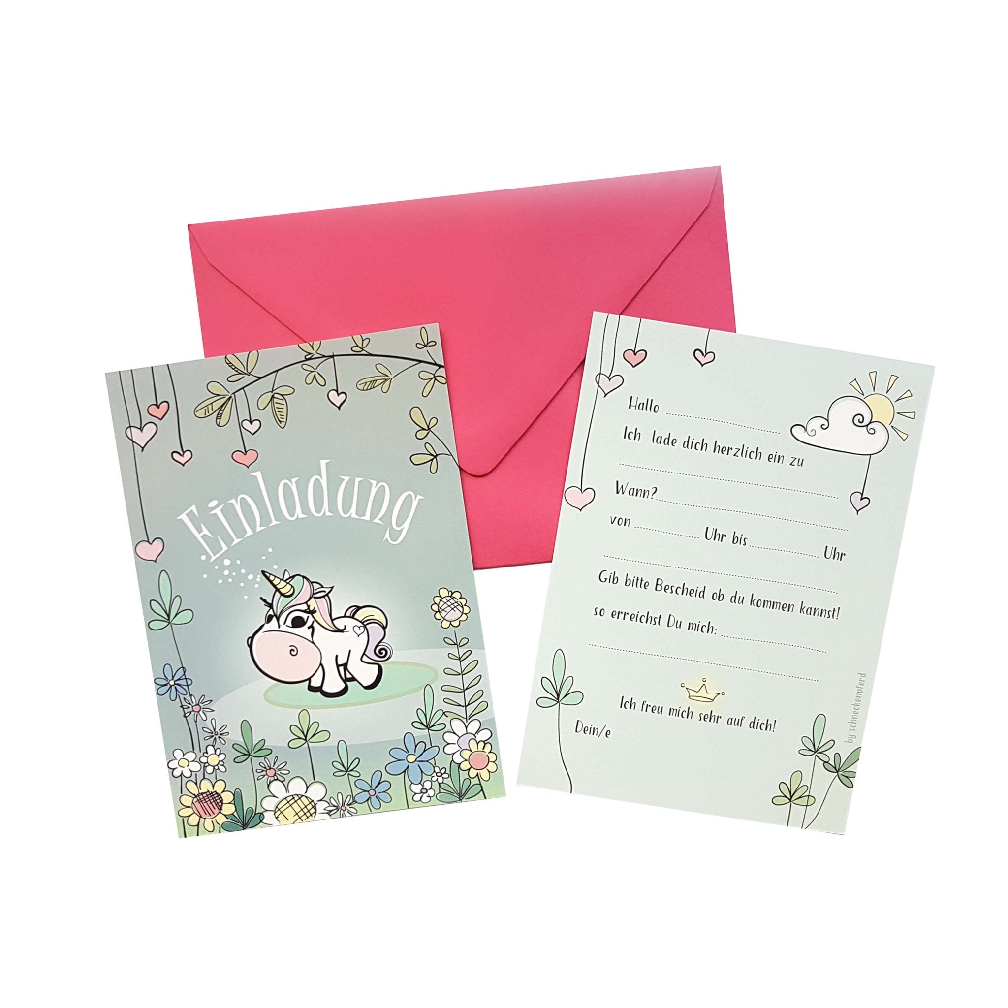 6 Einladungen "Einhorn" mit rosa Umschlägen Jeka - malmichbuntbest.com