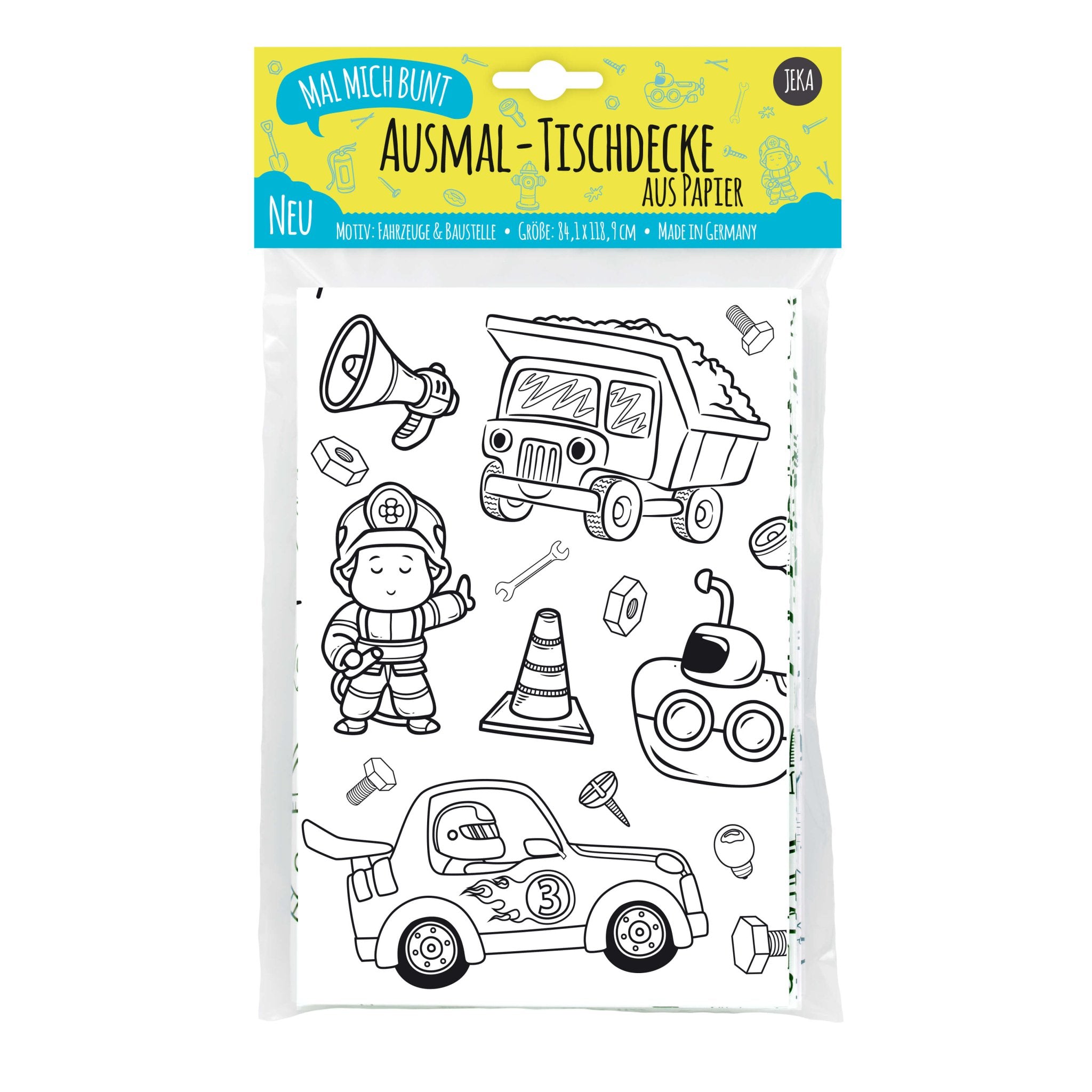 Ausmal - Tischdecke aus Papier "Fahrzeuge & Baustelle" Jeka - malmichbuntbest.com