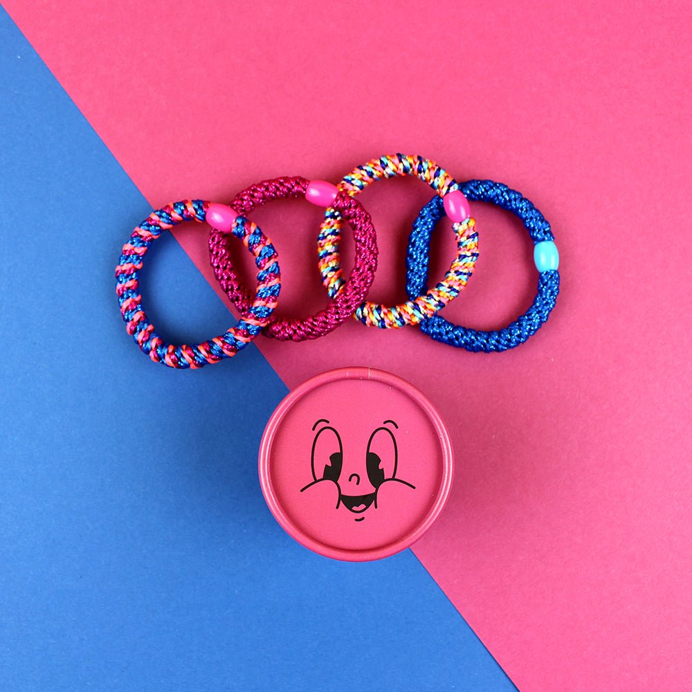 Haargummi-Set Pink/blau mit 4 Haargummis in runder Geschenkbox Ava & Yves - malmichbuntbest.com