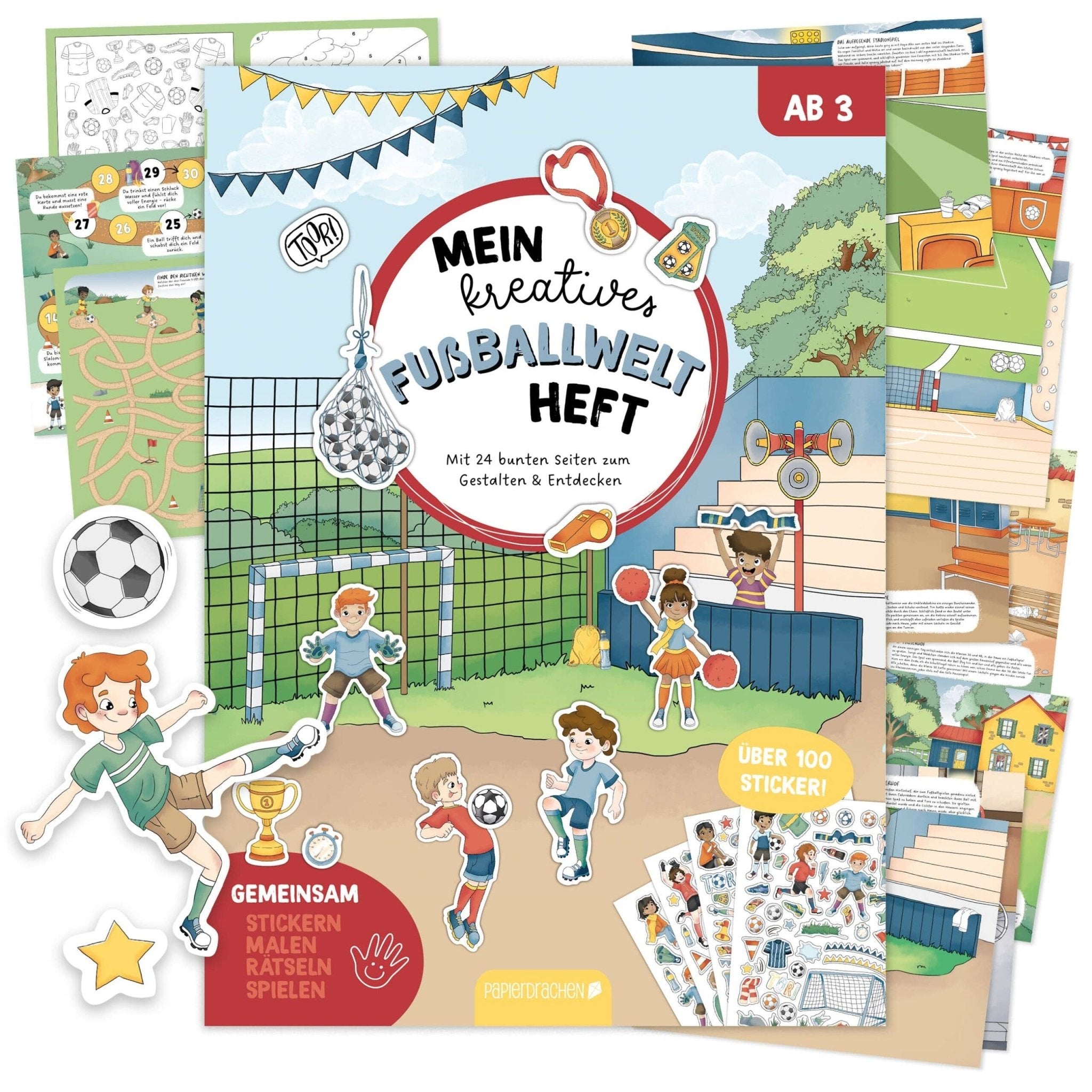 Papierdrachen Mein kreatives Fußballwelt Heft - Malen, Rätseln, Stickern Papierdrachen - malmichbuntbest.com