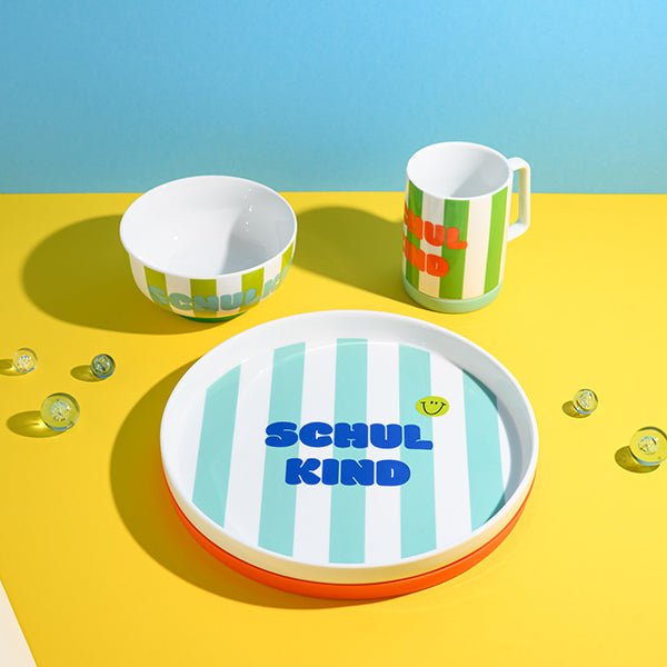 Porzellan-Set Schulkind Streifen, türkis und grün Ava & Yves - malmichbuntbest.com