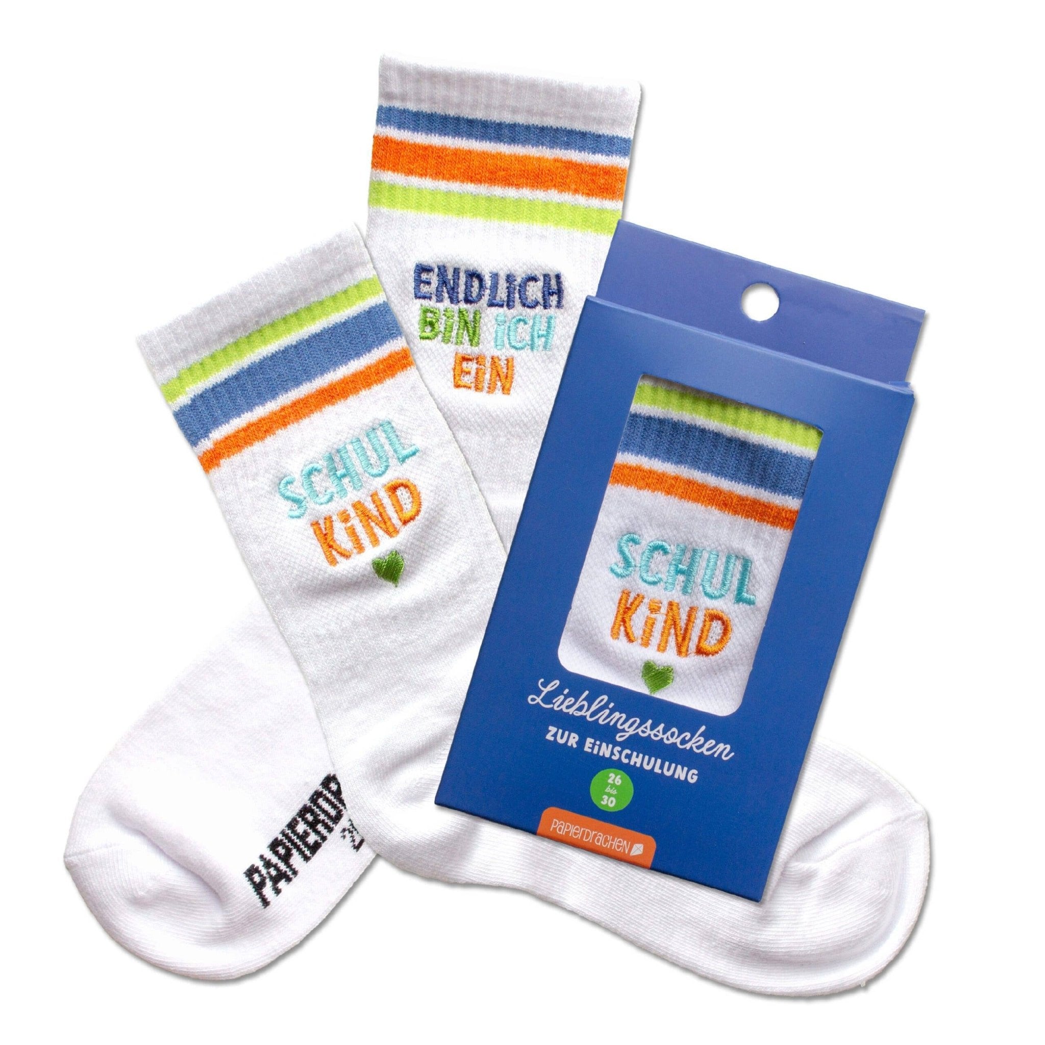 Schulanfang Socken - blau - Endlich bin ich ein Schulkind Papierdrachen - malmichbuntbest.com