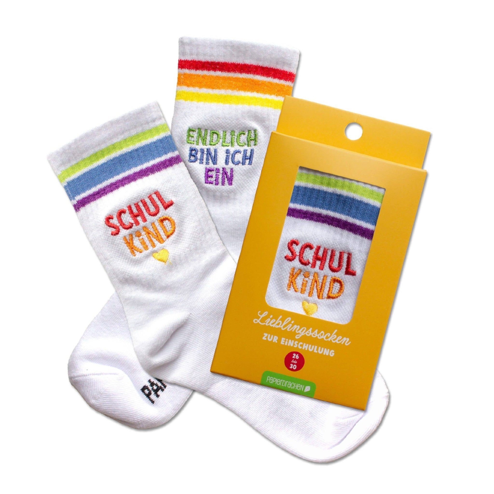 Socken Schulanfang - bunt - Endlich bin ich ein Schulkind Papierdrachen - malmichbuntbest.com