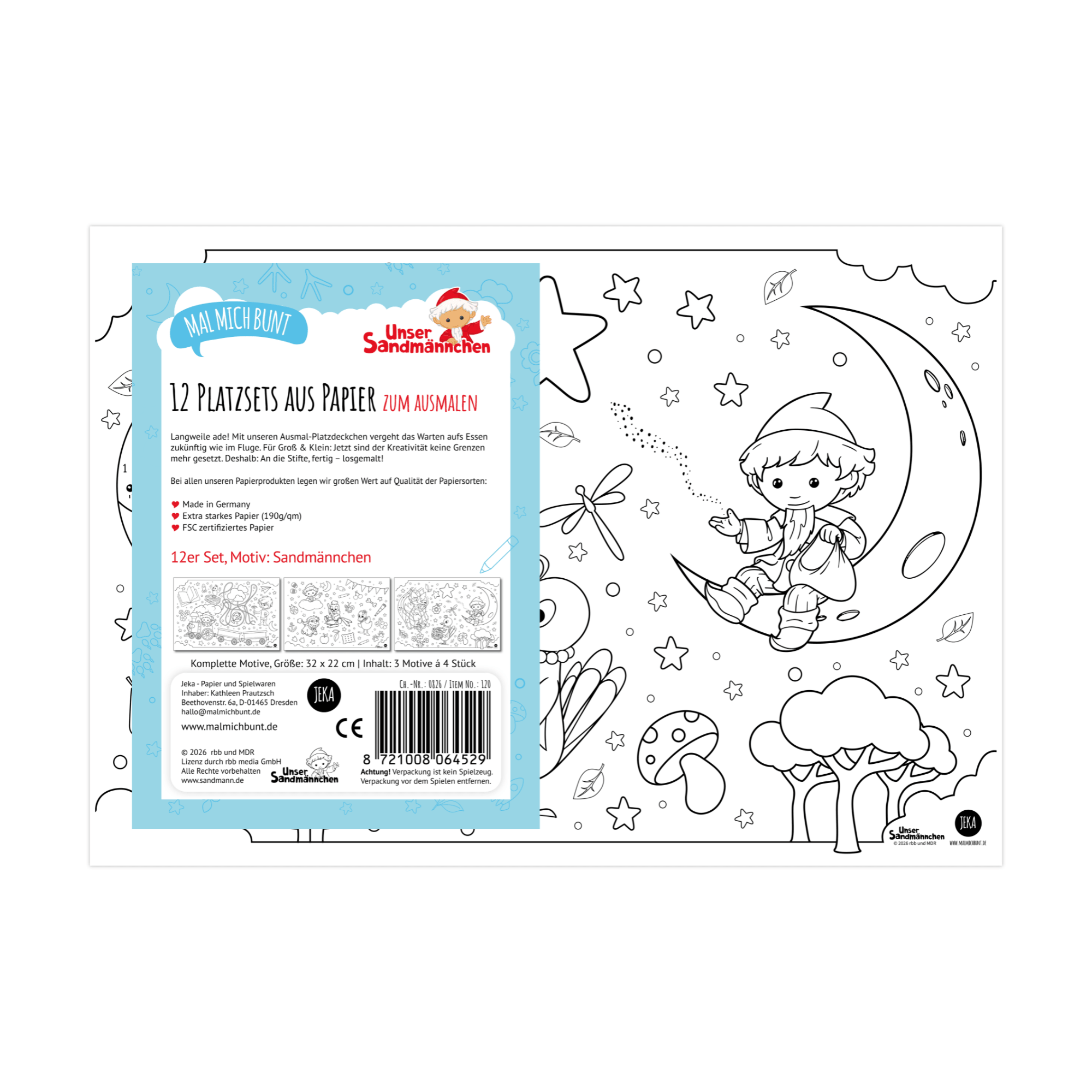 Unser Sandmännchen - 12 Platzsets aus Papier zum Ausmalen Jeka - malmichbuntbest.com