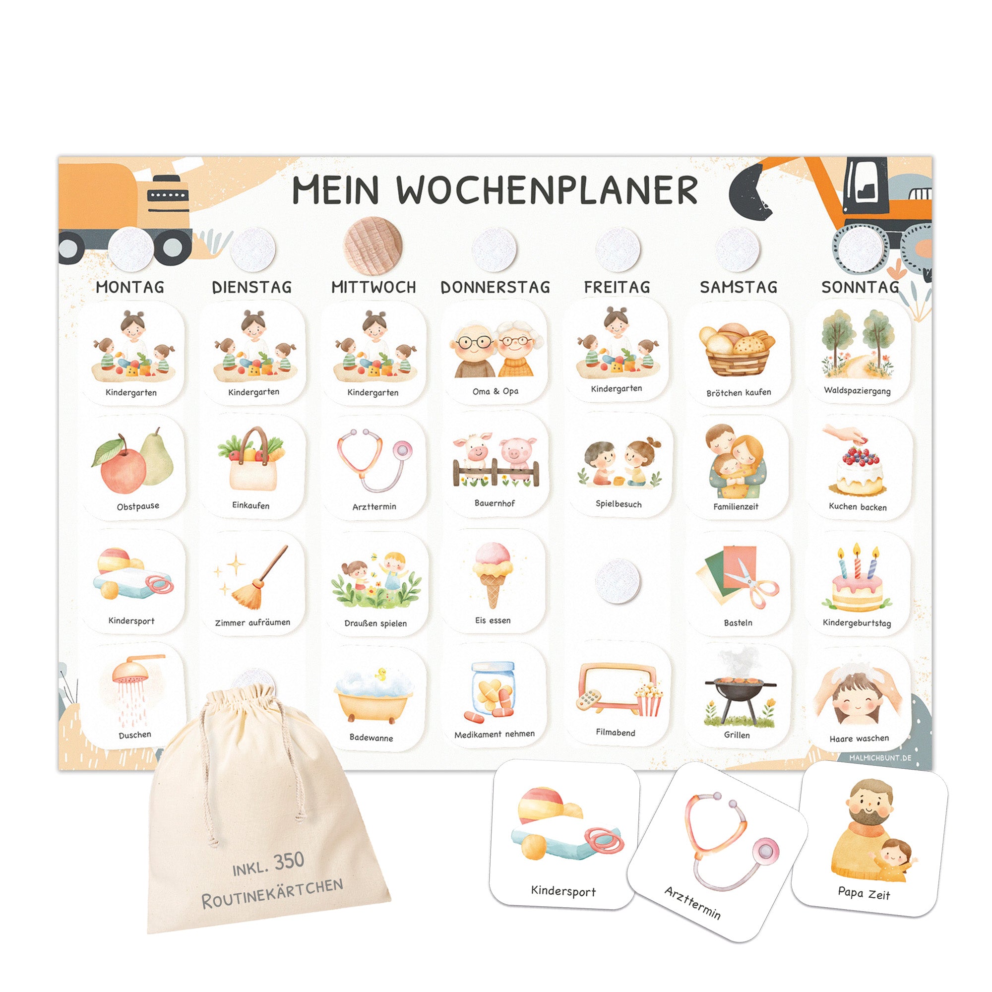 Wochenplaner Kinder inkl. 350 Routinekärtchen - Motiv Bagger Jeka - malmichbuntbest.com
