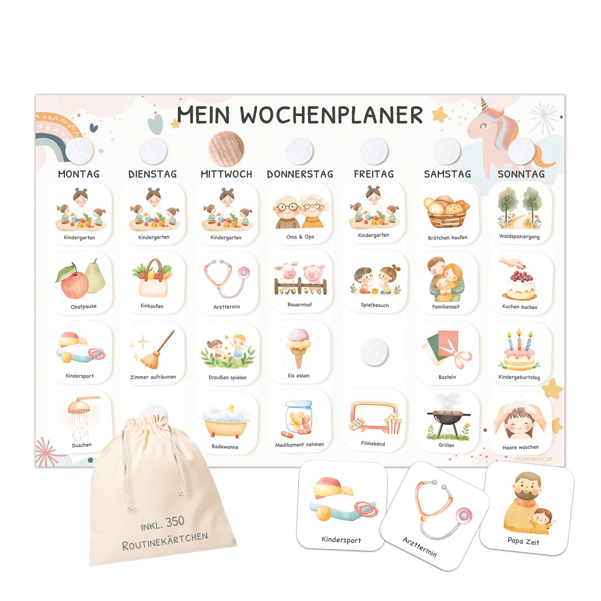 Wochenplaner Kinder inkl. 350 Routinekärtchen - Motiv Einhorn Jeka - malmichbuntbest.com