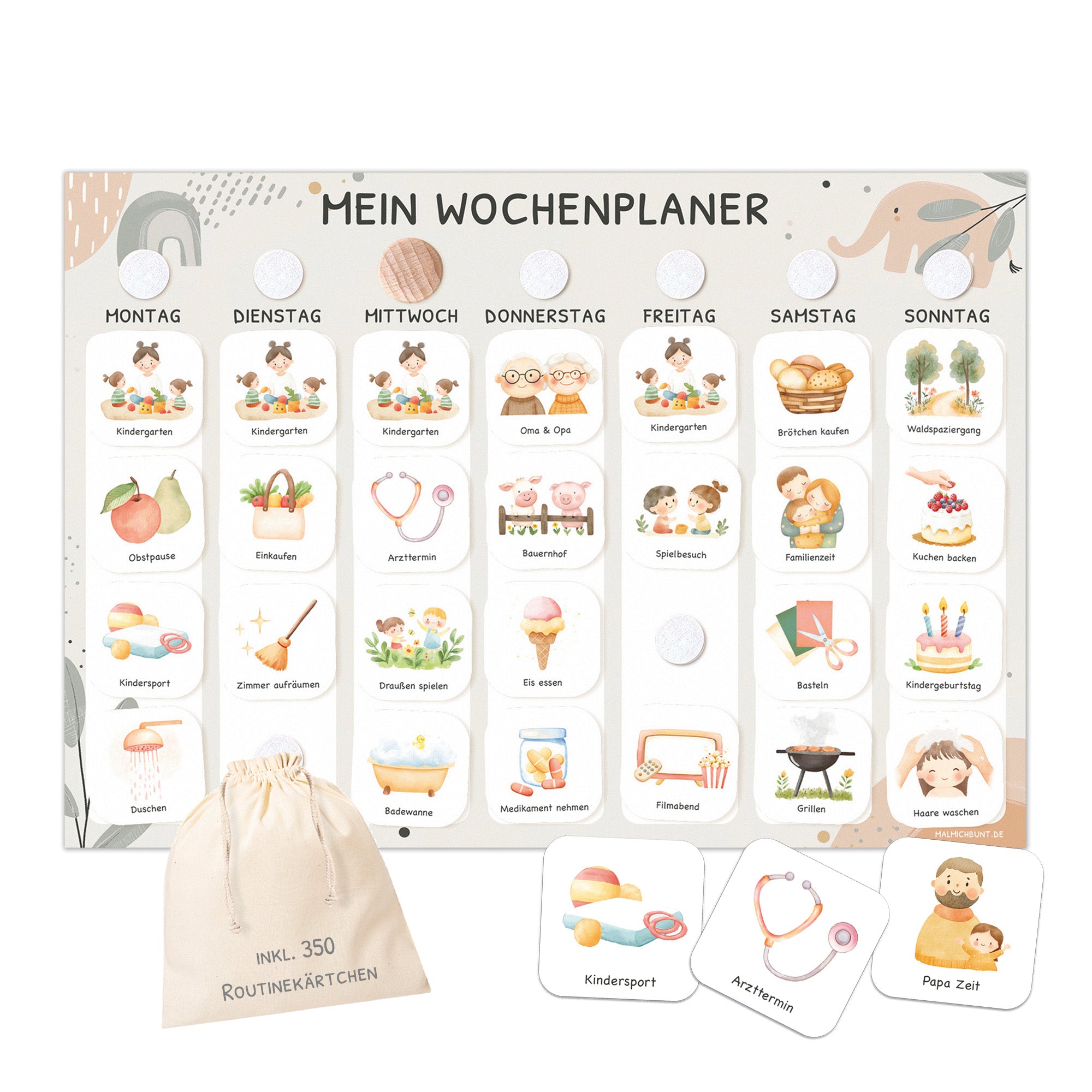 Wochenplaner Kinder inkl. 350 Routinekärtchen - Motiv Little Elephant Jeka - malmichbuntbest.com