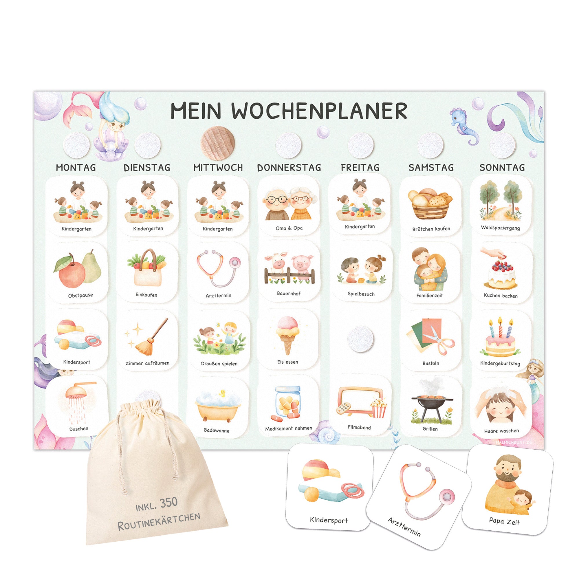 Wochenplaner Kinder inkl. 350 Routinekärtchen - Motiv Meerjungfrau Jeka - malmichbuntbest.com
