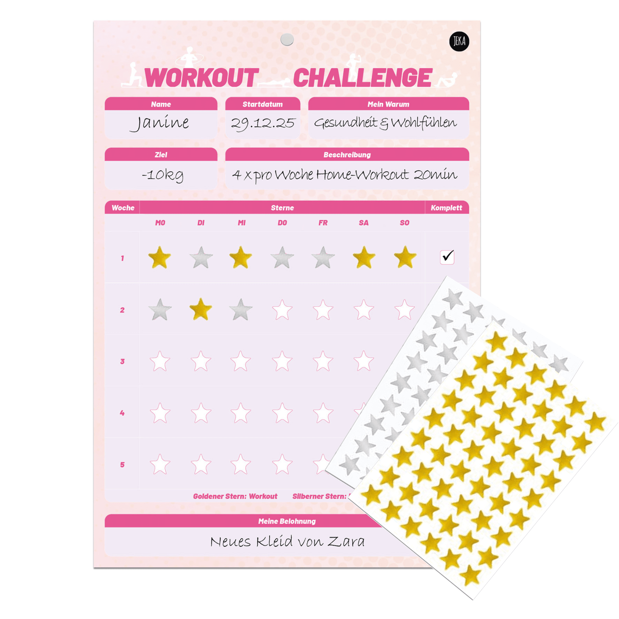 Workout - Challenge inkl. Sterne und Magnet - Pink Jeka - malmichbuntbest.com