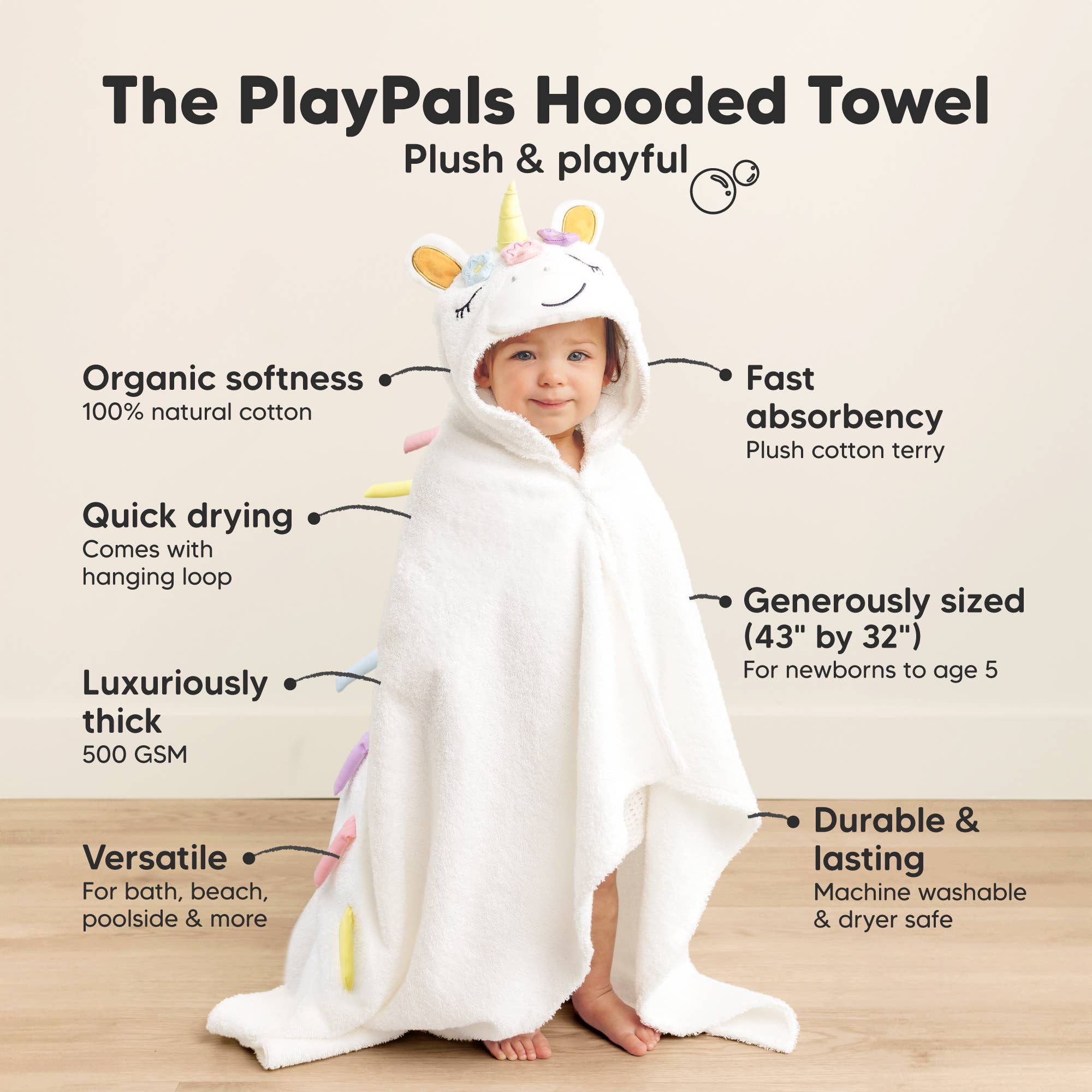KeaBabies PlayPals Kapuzenhandtuch für Babys: Einhorn