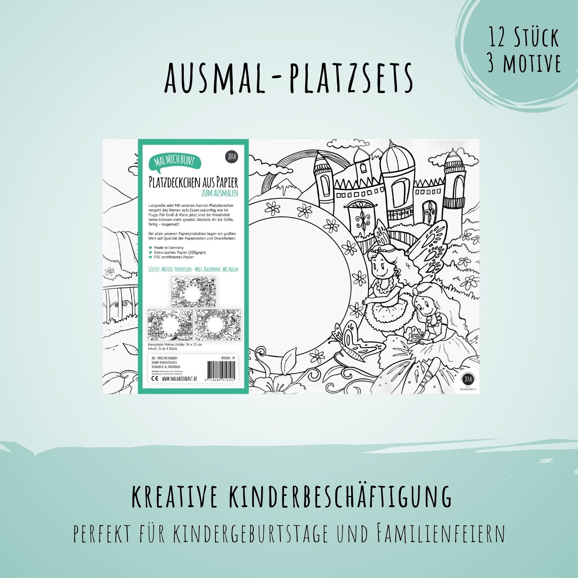 12 Platzset Kinder zum Ausmalen Motiv - Mix I Jeka - malmichbuntbest.com