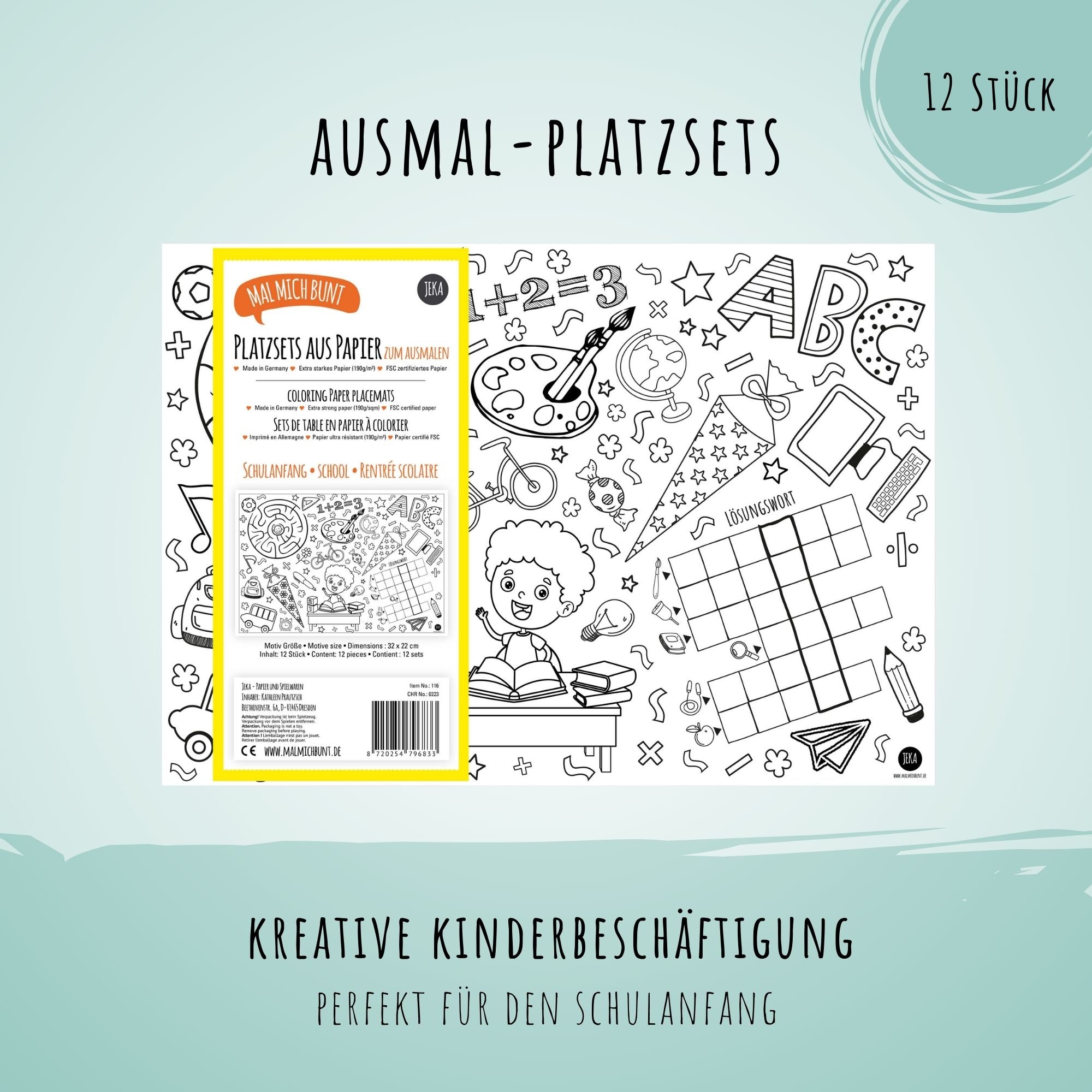 12 Platzsets Schulanfang zum Ausmalen Jeka - malmichbuntbest.com