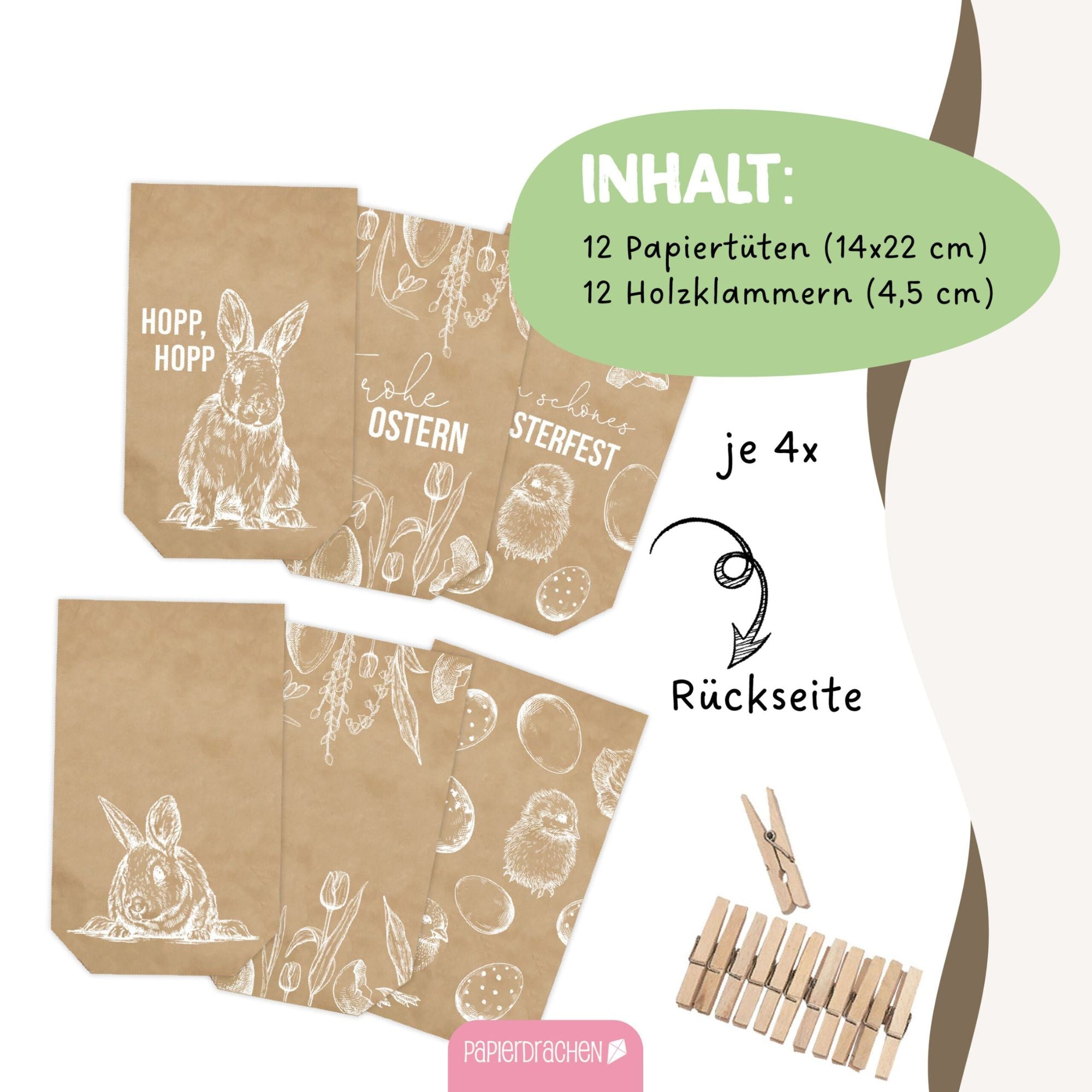12 weiß bedruckte Geschenktüten Ostern Papierdrachen - malmichbuntbest.com