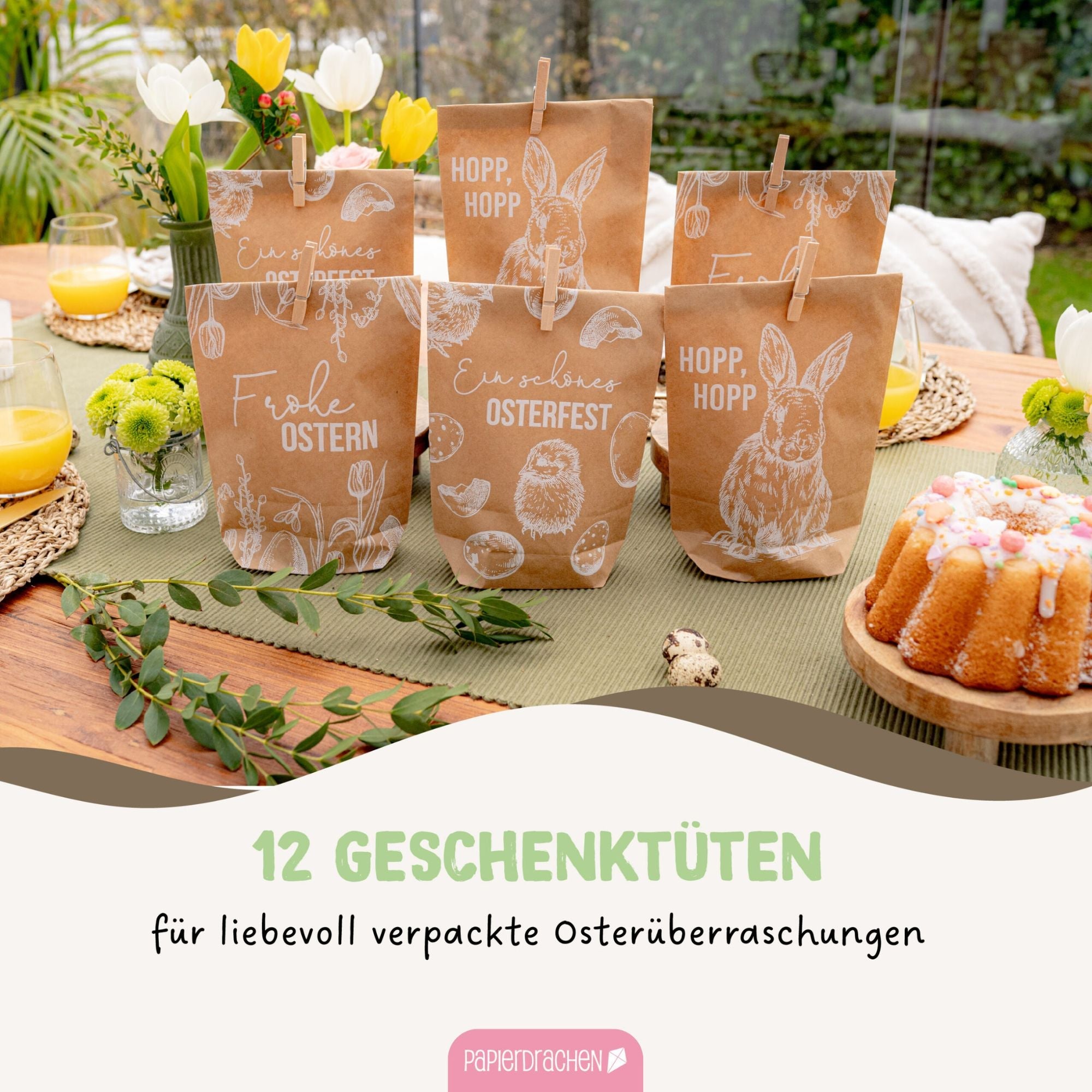 12 weiß bedruckte Geschenktüten Ostern Papierdrachen - malmichbuntbest.com