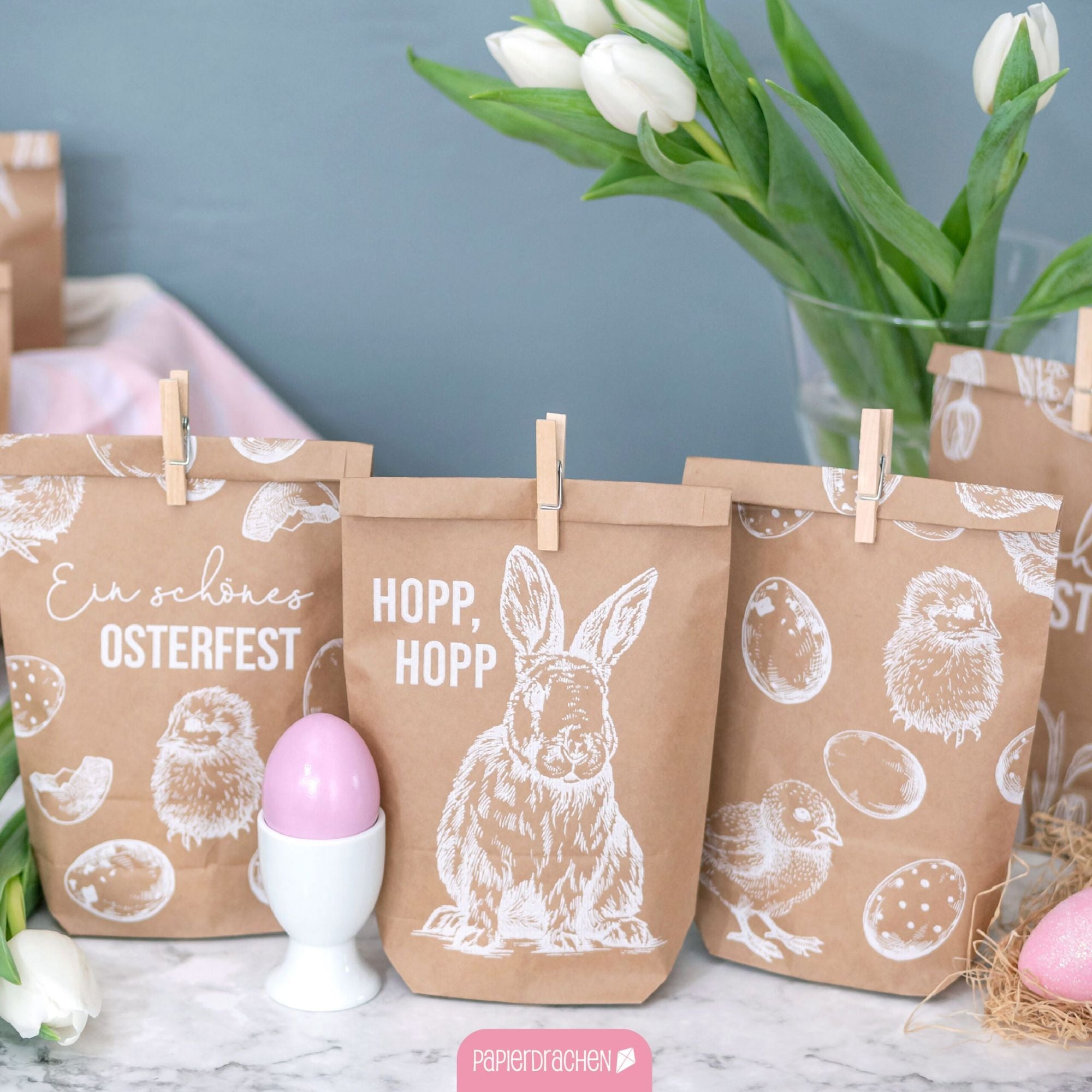 12 weiß bedruckte Geschenktüten Ostern Papierdrachen - malmichbuntbest.com