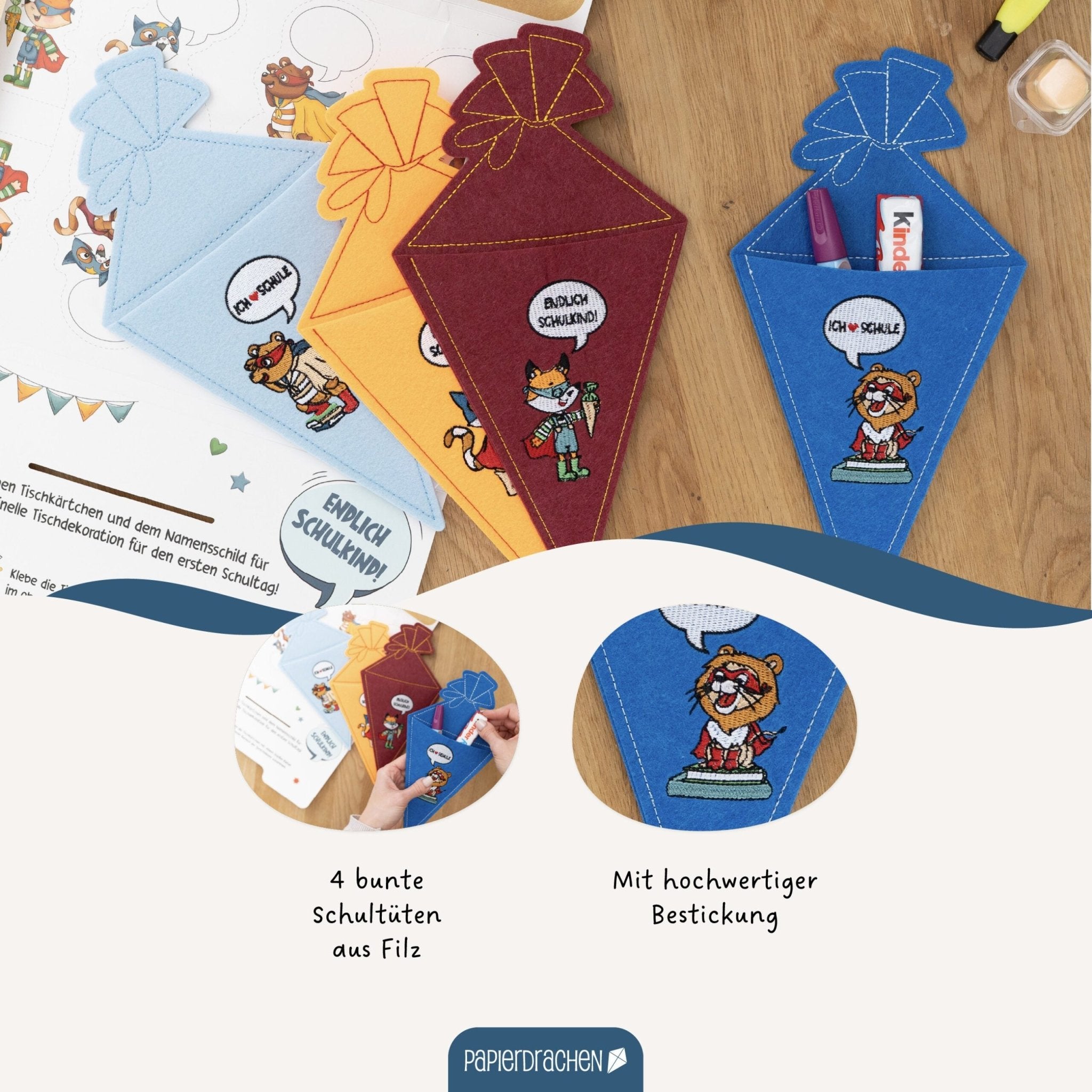 4 Filz - Taschen zur Einschulung Papierdrachen - malmichbuntbest.com