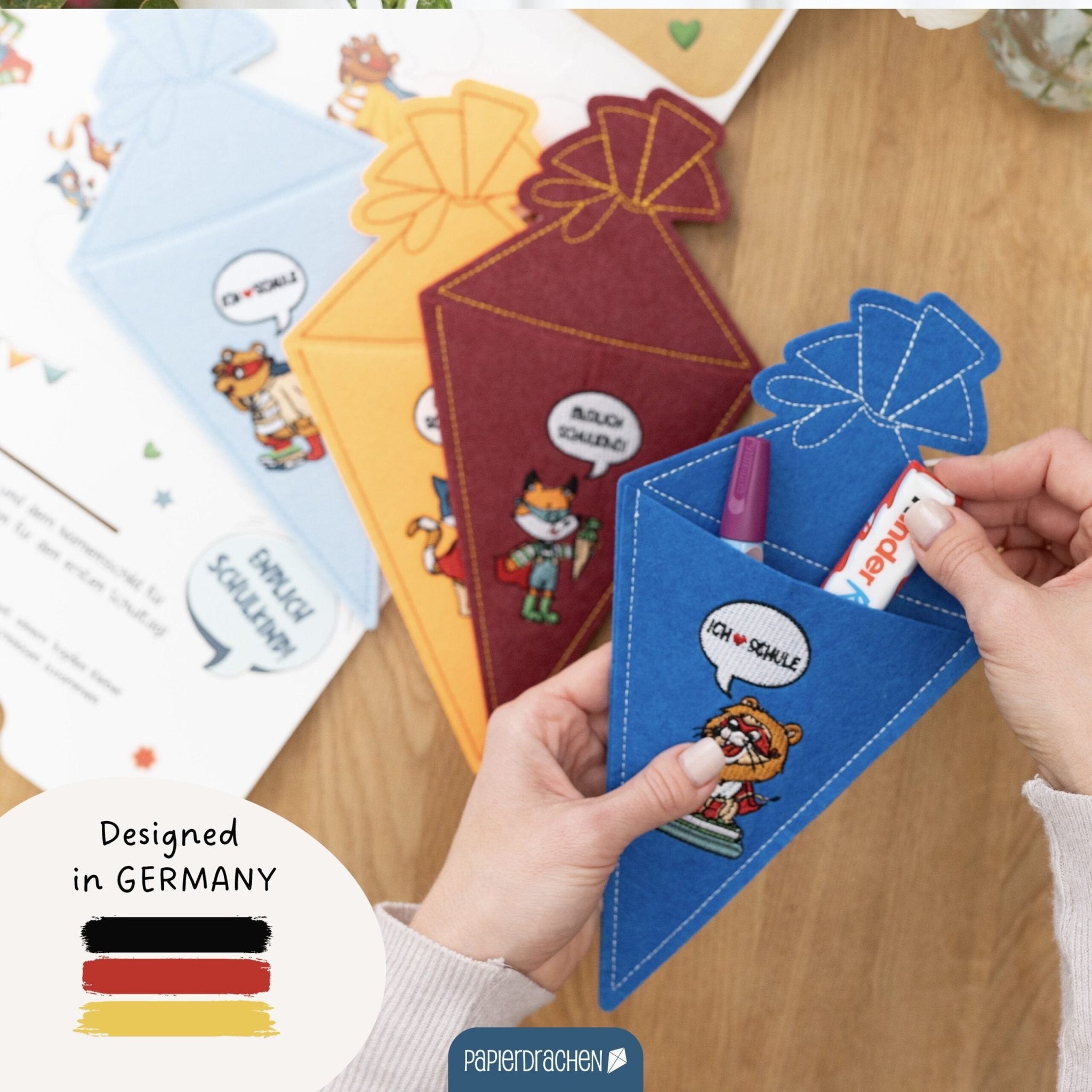 4 Filz - Taschen zur Einschulung Papierdrachen - malmichbuntbest.com