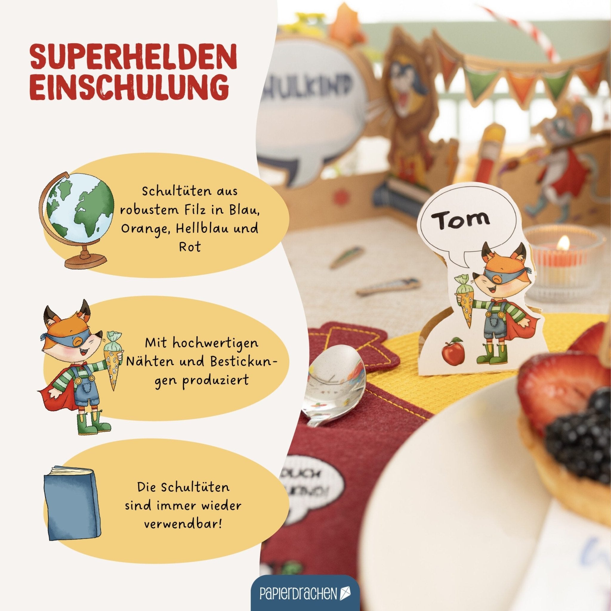 4 Filz - Taschen zur Einschulung Papierdrachen - malmichbuntbest.com