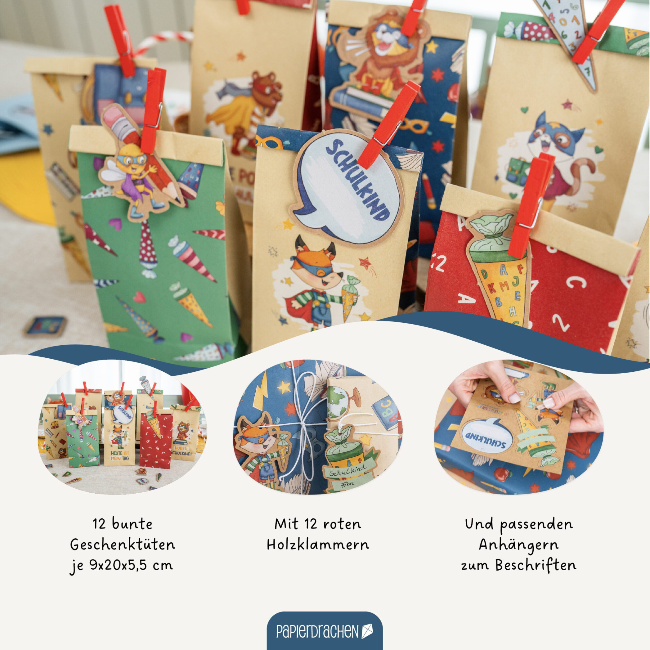 DIY Set Geschenktüten mit Anhängern - Einschulung