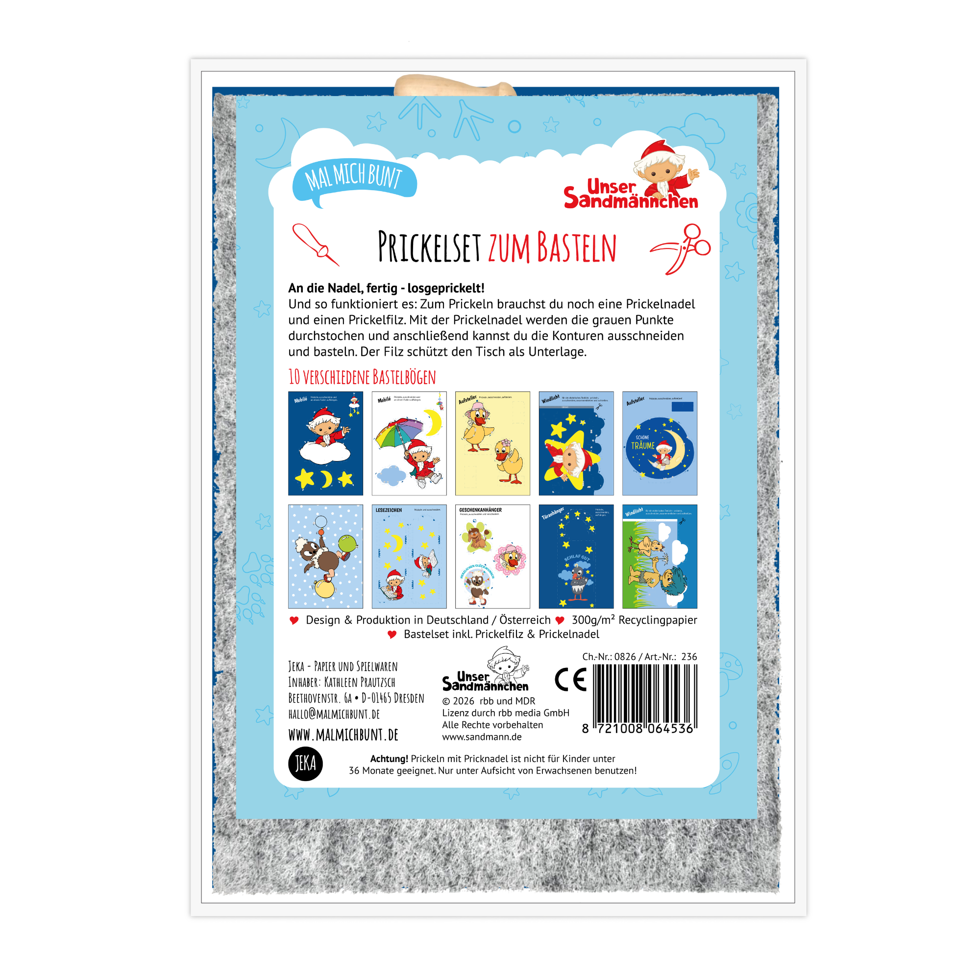 Unser Sandmännchen - Prickelset inkl. 10 Vorlagen, Filz & Nadel
