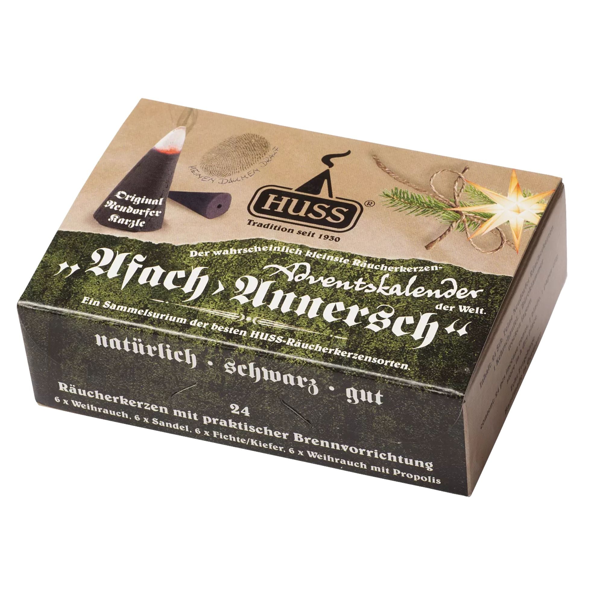 Adventskalender Räucherkerzen "Afach Annersch" Huss - malmichbuntbest.com