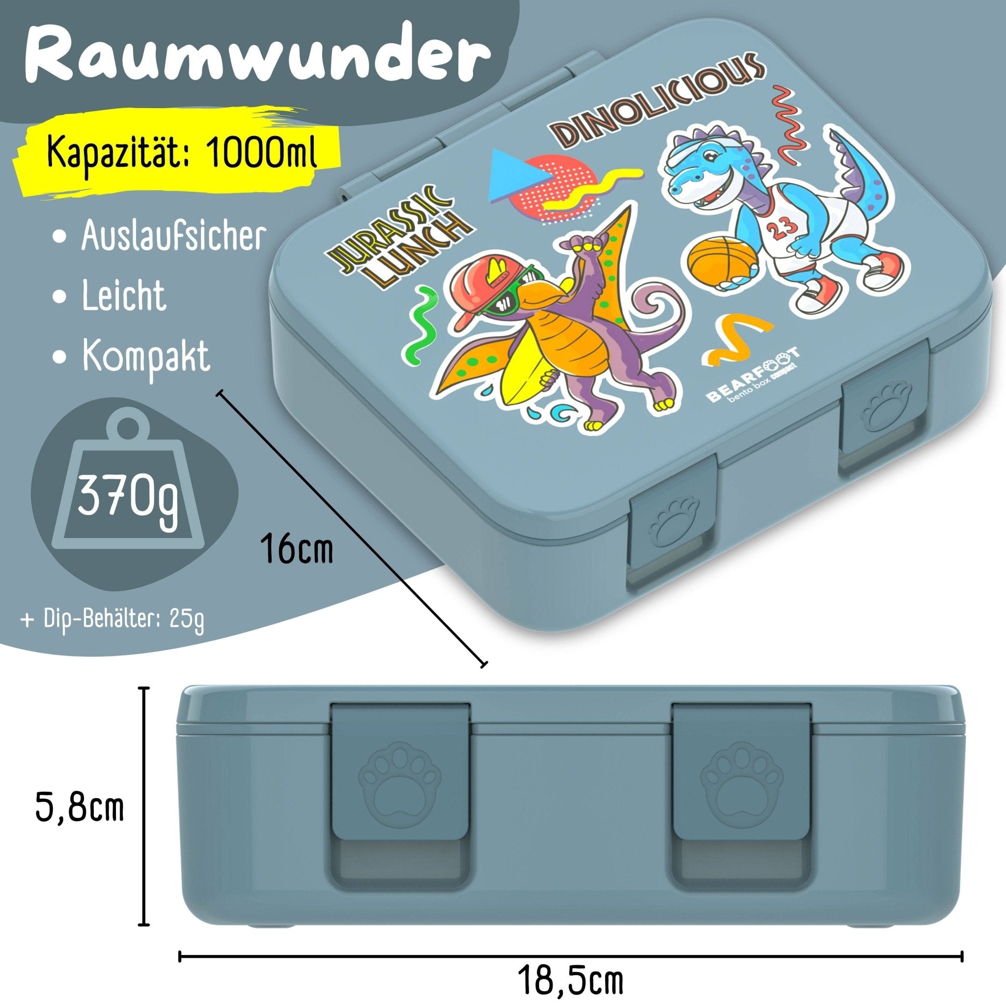 Bearfoot Bentobox Compact - Dinos blau - 1.000ml BEARFOOT - malmichbuntbest.com