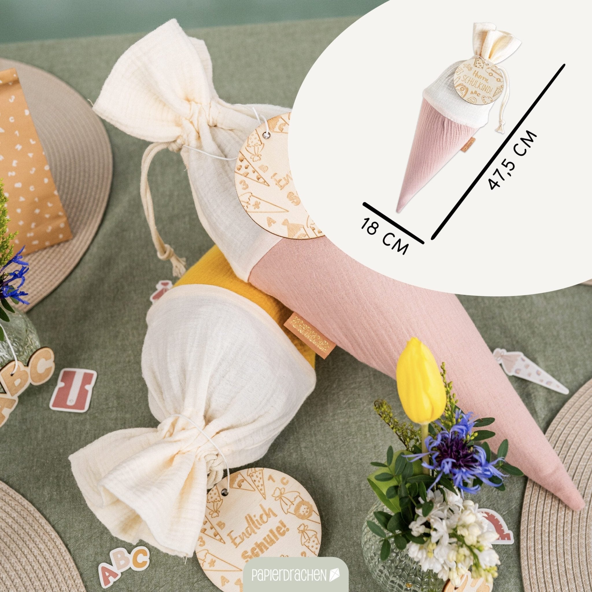 Bunte Schultüten aus Musselin - 2 Stück Papierdrachen - malmichbuntbest.com