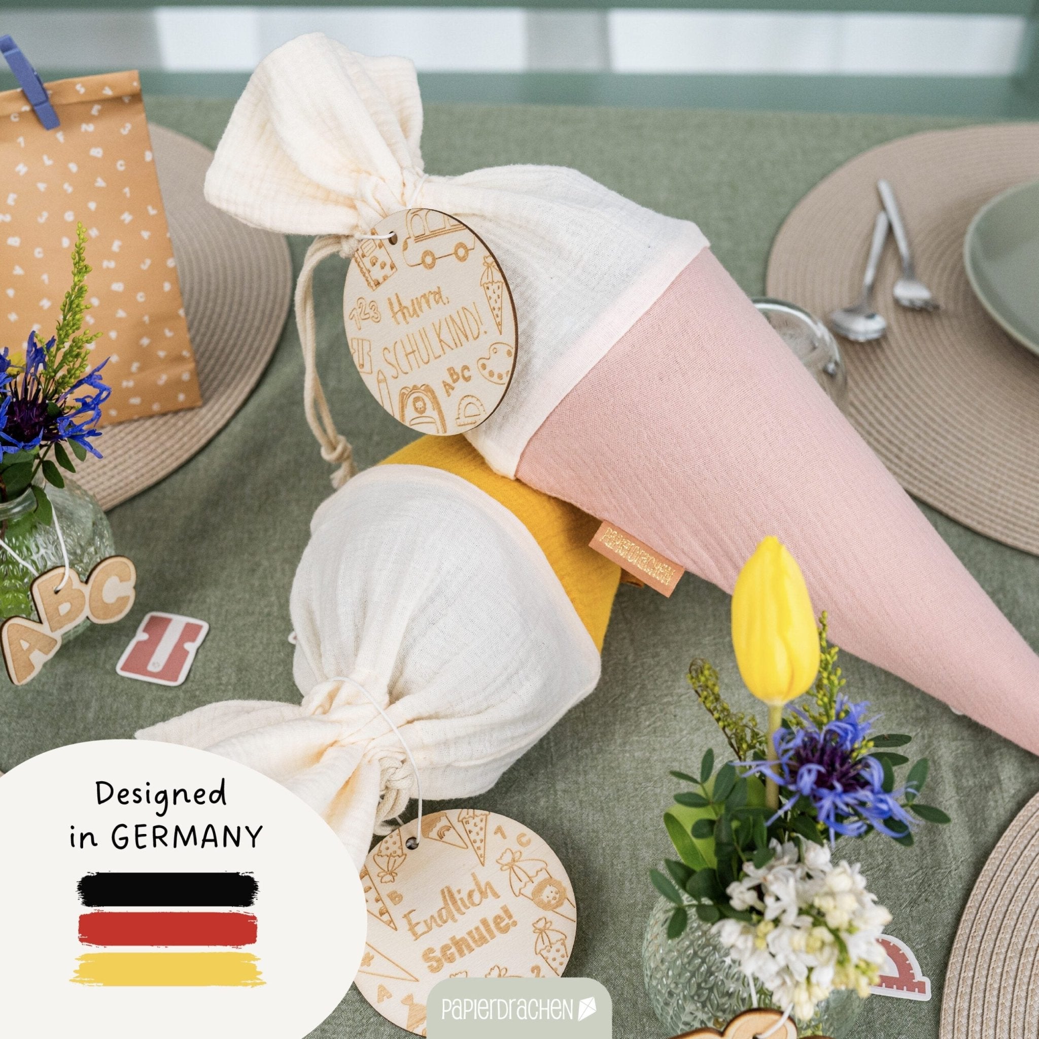 Bunte Schultüten aus Musselin - 2 Stück Papierdrachen - malmichbuntbest.com