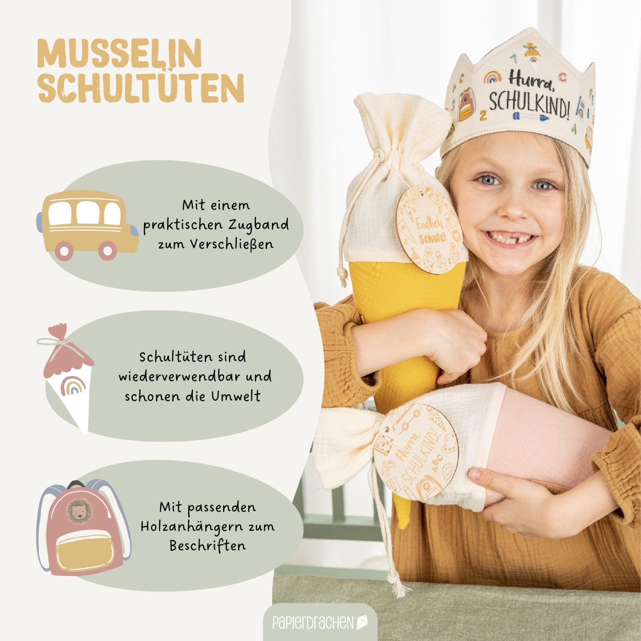 Bunte Schultüten aus Musselin - 2 Stück Papierdrachen - malmichbuntbest.com