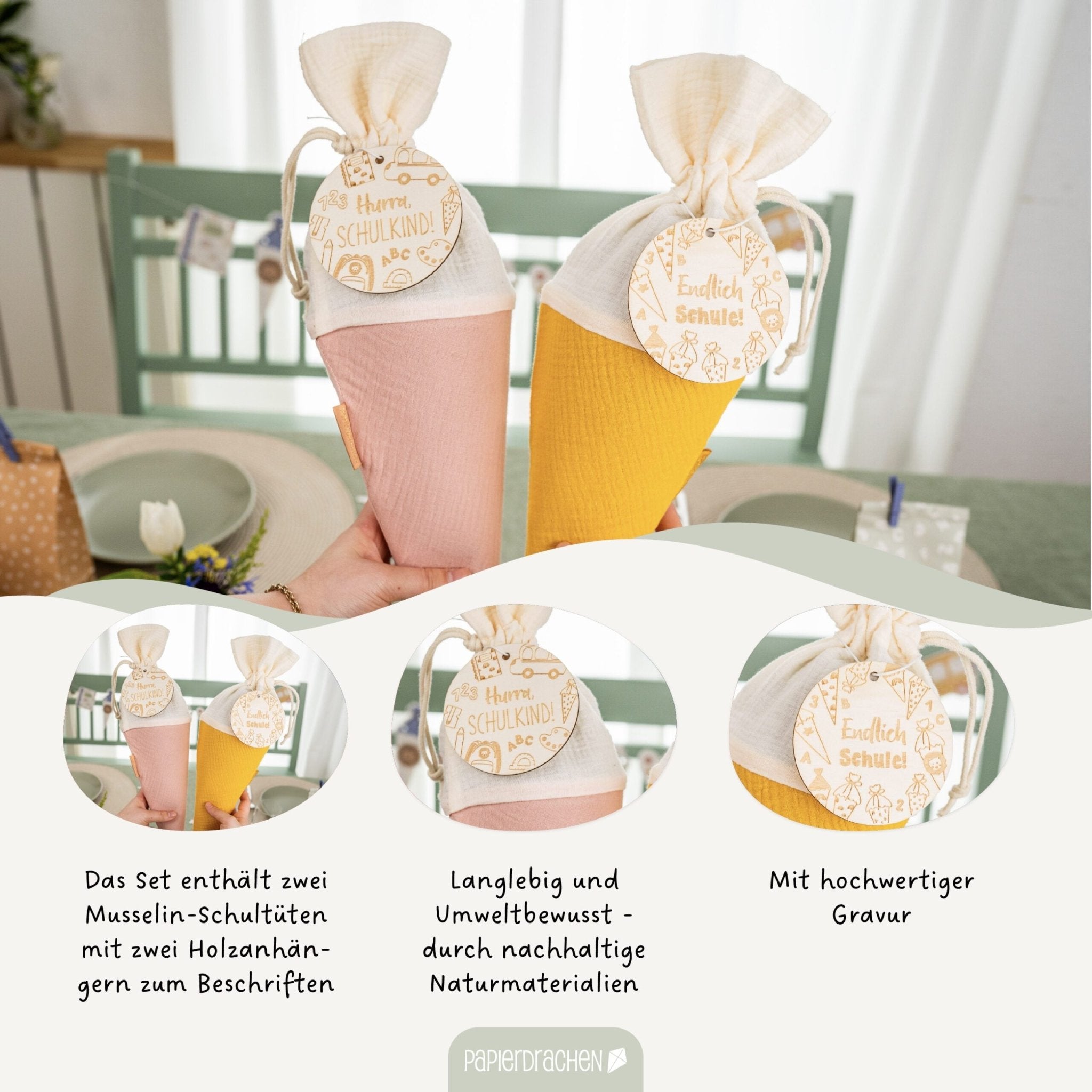 Bunte Schultüten aus Musselin - 2 Stück Papierdrachen - malmichbuntbest.com