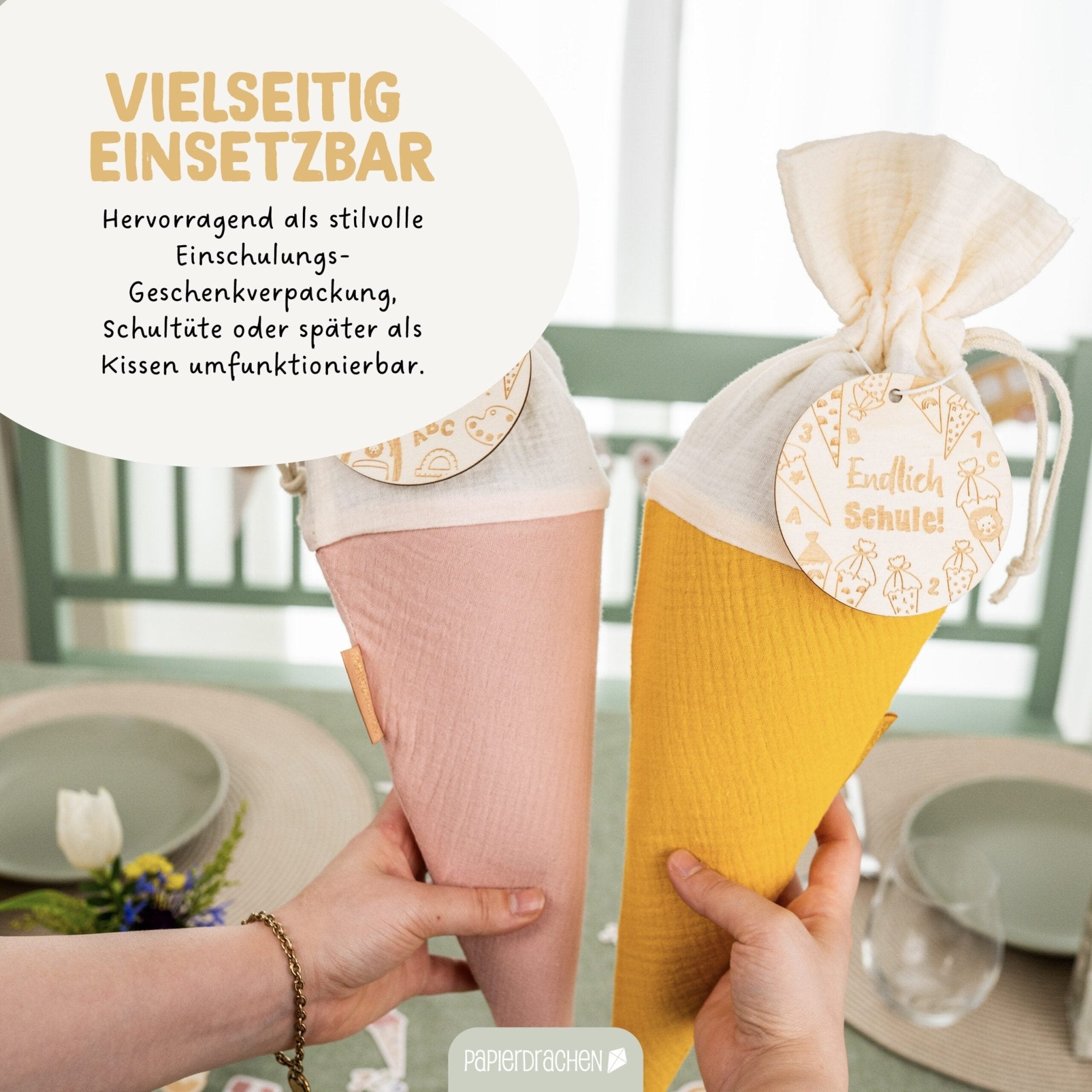 Bunte Schultüten aus Musselin - 2 Stück Papierdrachen - malmichbuntbest.com