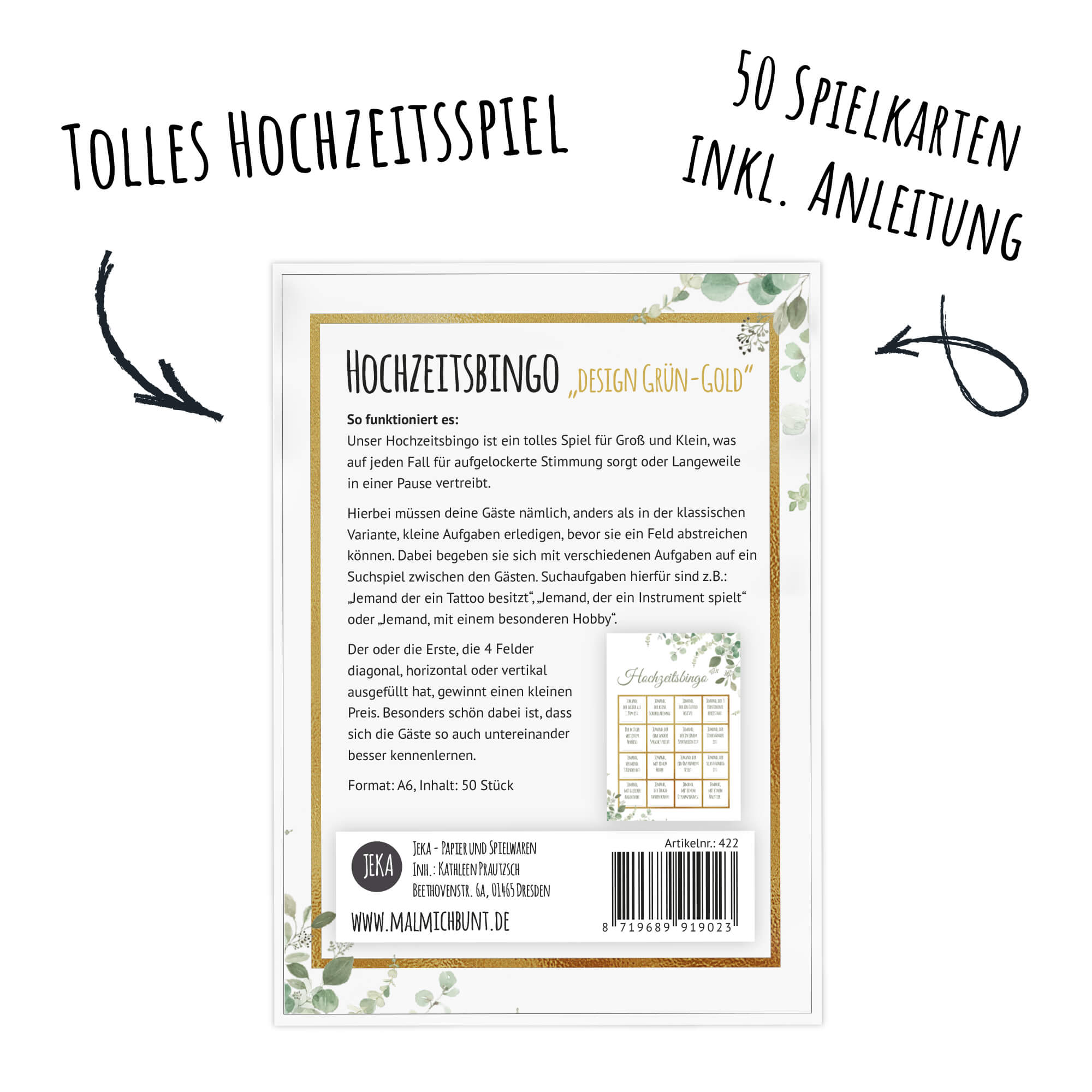 Hochzeitsbingo - Design Grün - Gold Jeka - malmichbuntbest.com