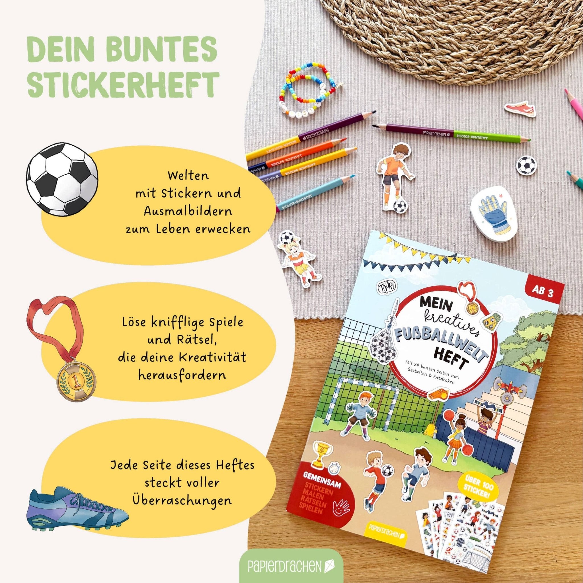 Papierdrachen Mein kreatives Fußballwelt Heft - Malen, Rätseln, Stickern Papierdrachen - malmichbuntbest.com