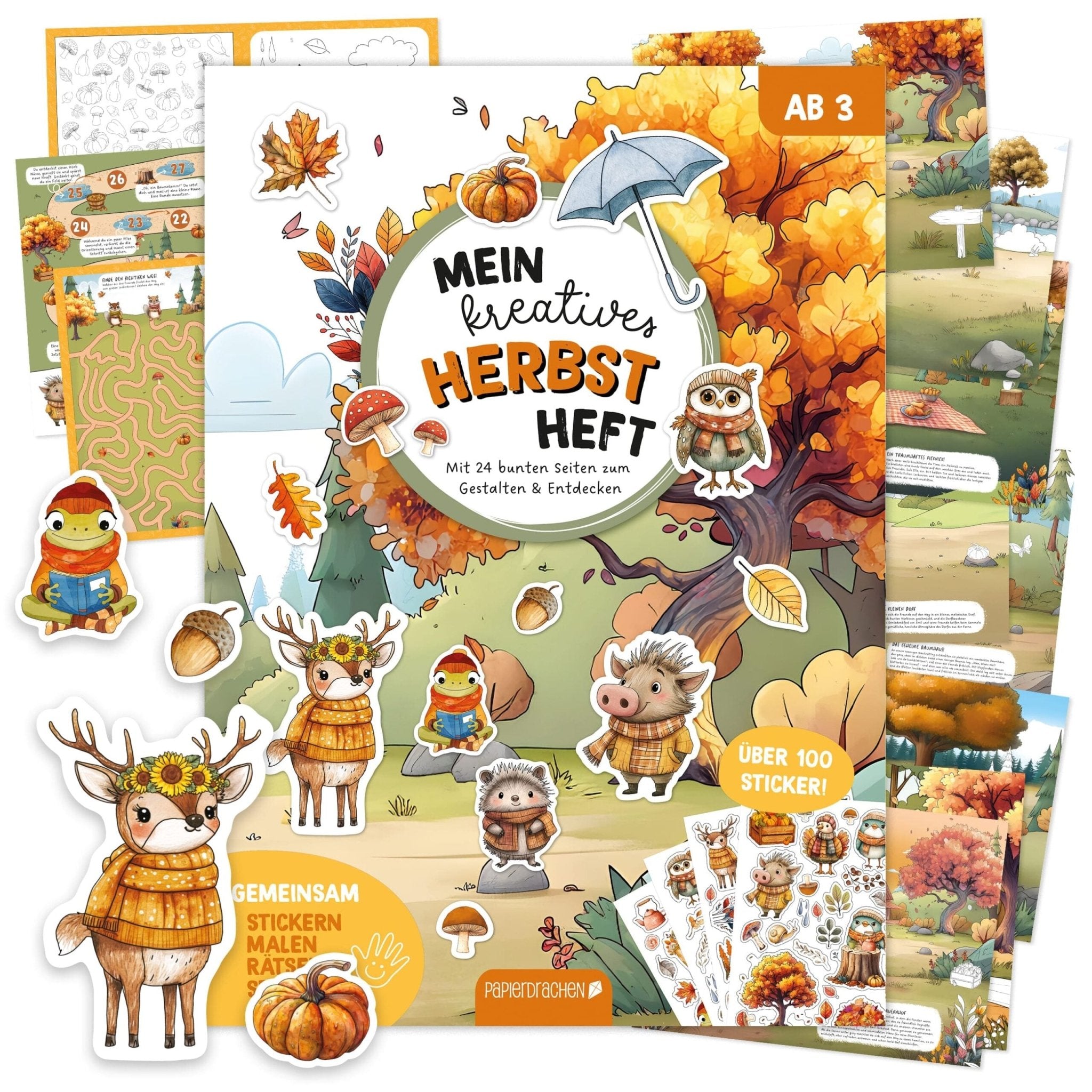 Papierdrachen Mein kreatives Herbstwelt Heft - Malen, Rätseln, Stickern Papierdrachen - malmichbuntbest.com