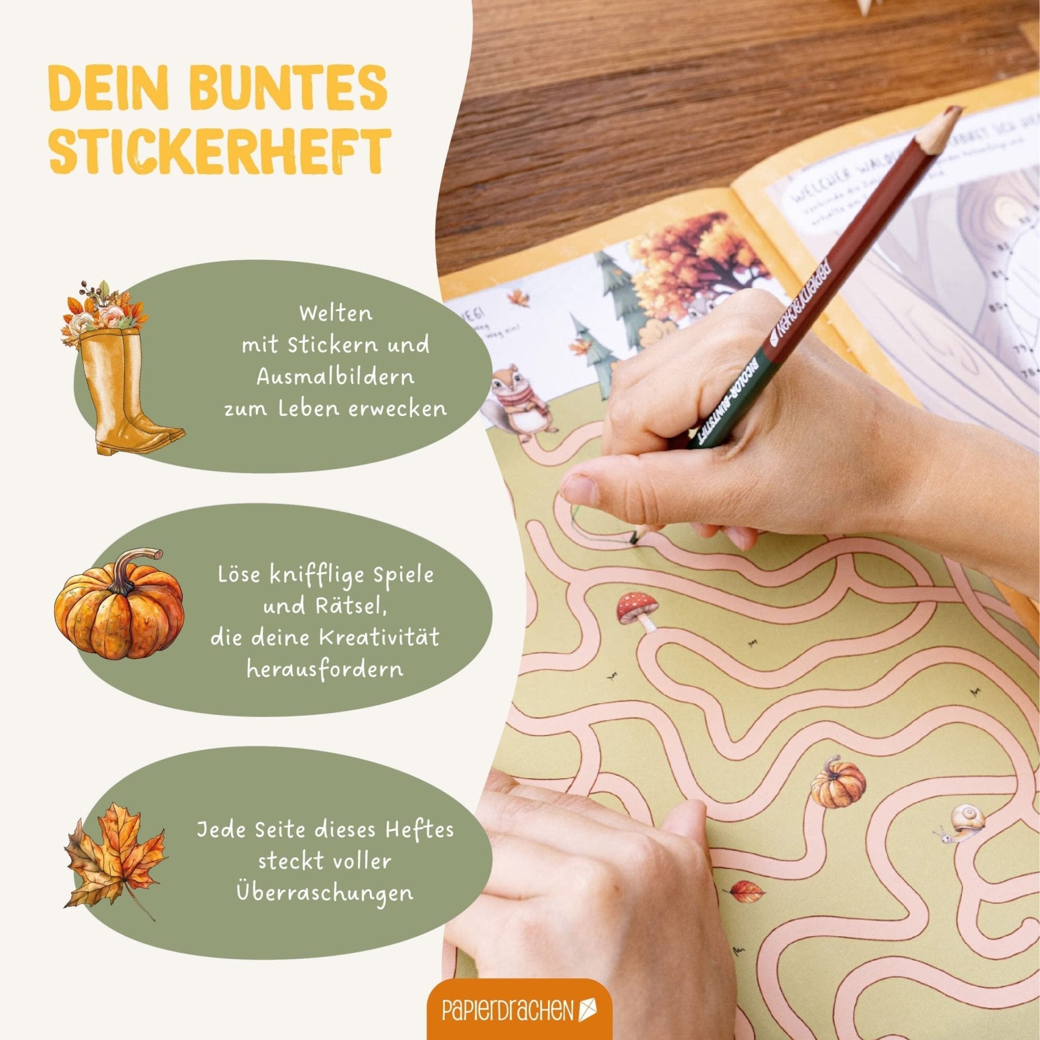 Papierdrachen Mein kreatives Herbstwelt Heft - Malen, Rätseln, Stickern Papierdrachen - malmichbuntbest.com