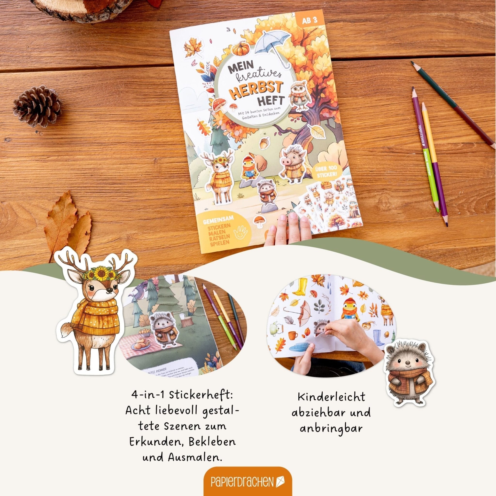 Papierdrachen Mein kreatives Herbstwelt Heft - Malen, Rätseln, Stickern Papierdrachen - malmichbuntbest.com