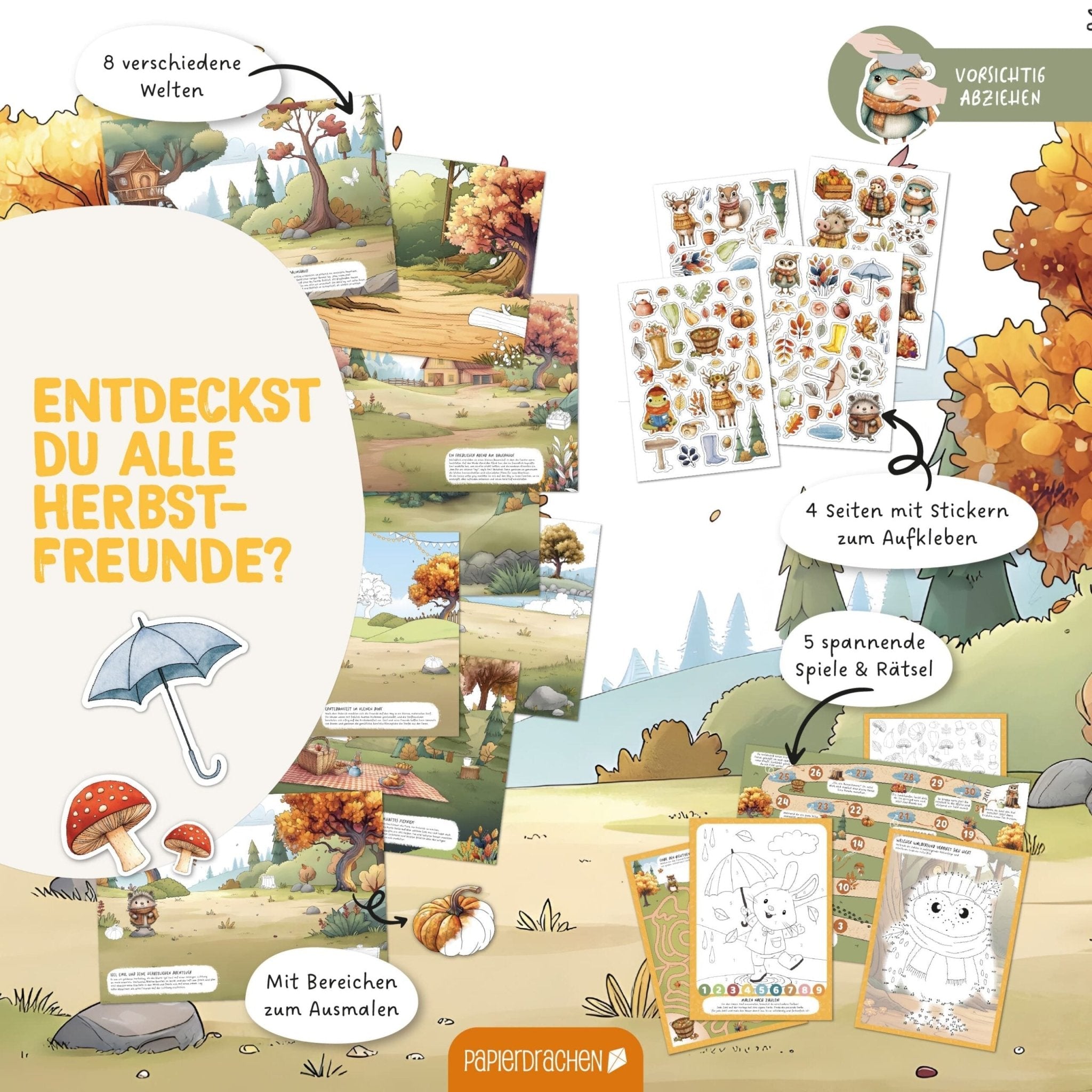 Papierdrachen Mein kreatives Herbstwelt Heft - Malen, Rätseln, Stickern Papierdrachen - malmichbuntbest.com