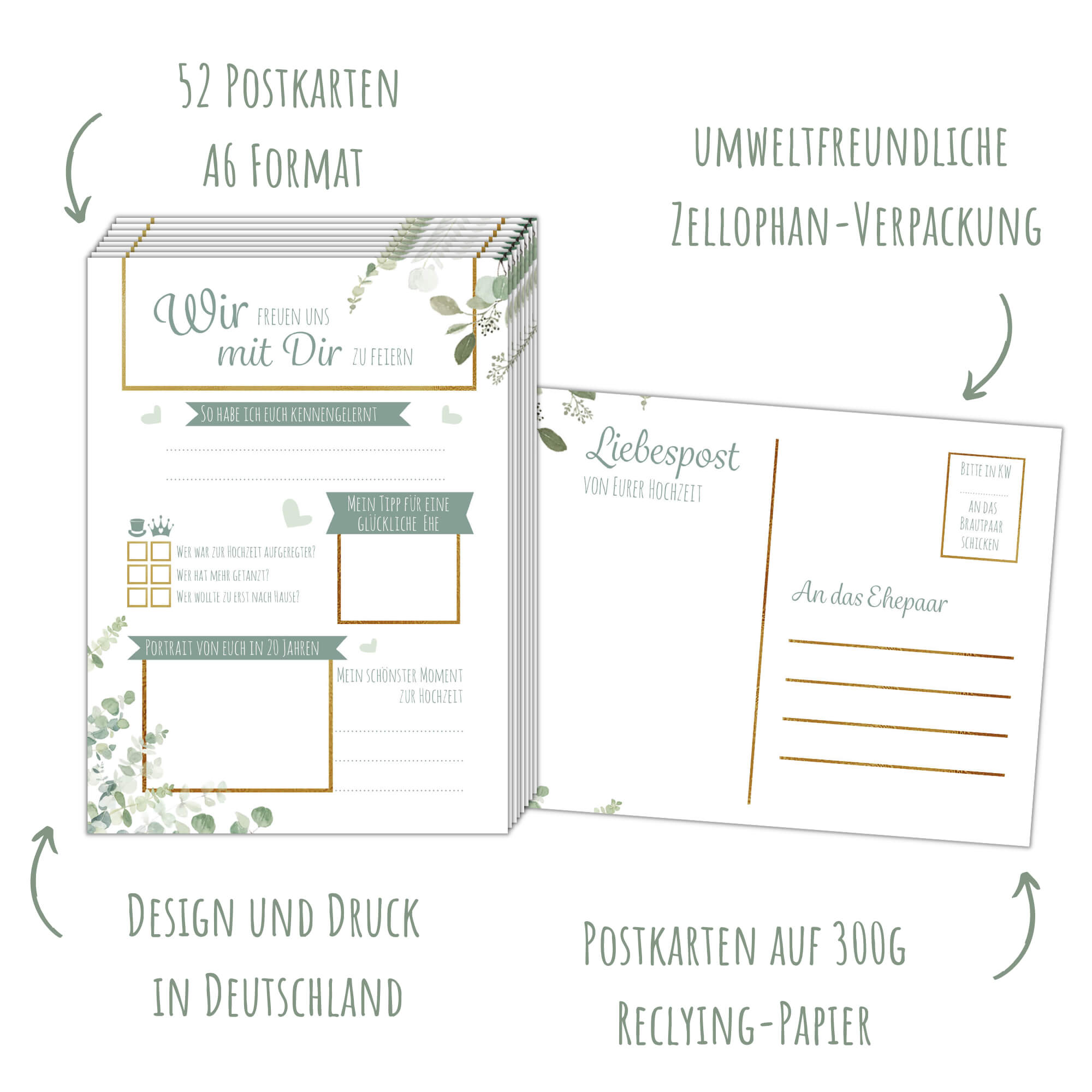 Postkartenspiel Hochzeit Grün/Gold Jeka - malmichbuntbest.com
