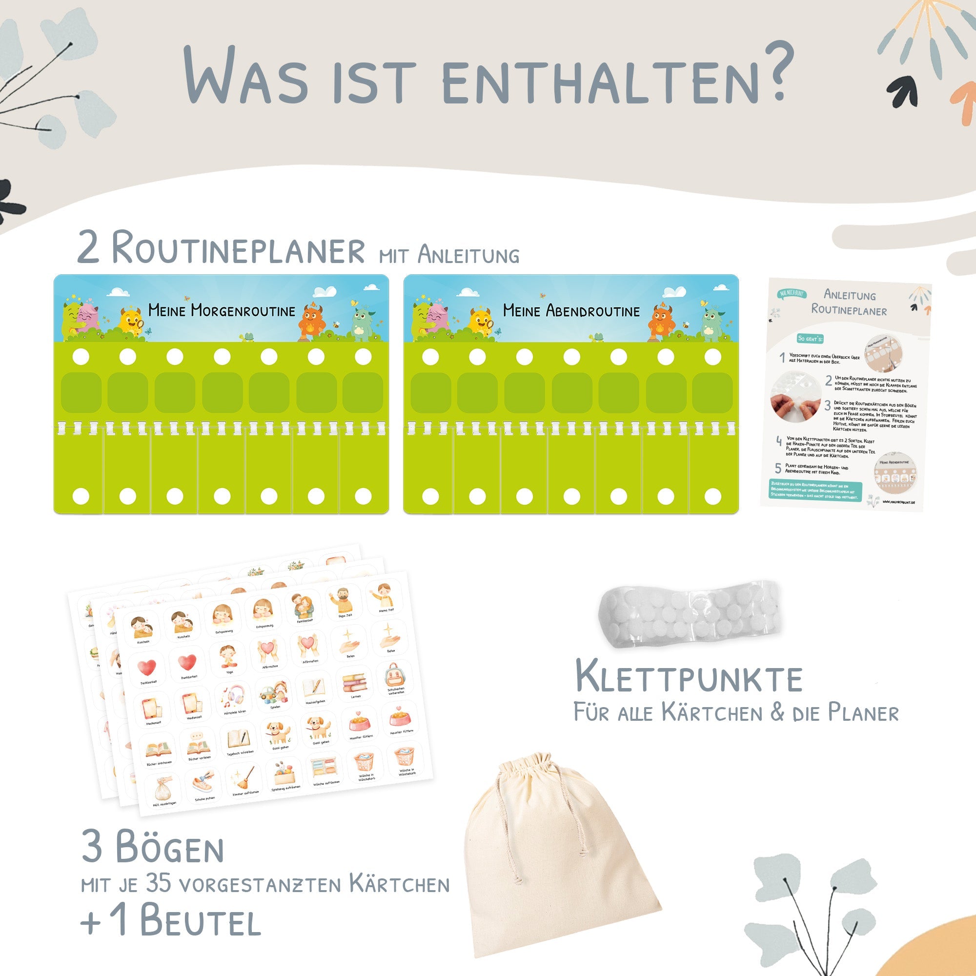 Routineplaner (Morgen & Abend) inkl. 105 Routinekärtchen - Mutmachbande Jeka - malmichbuntbest.com