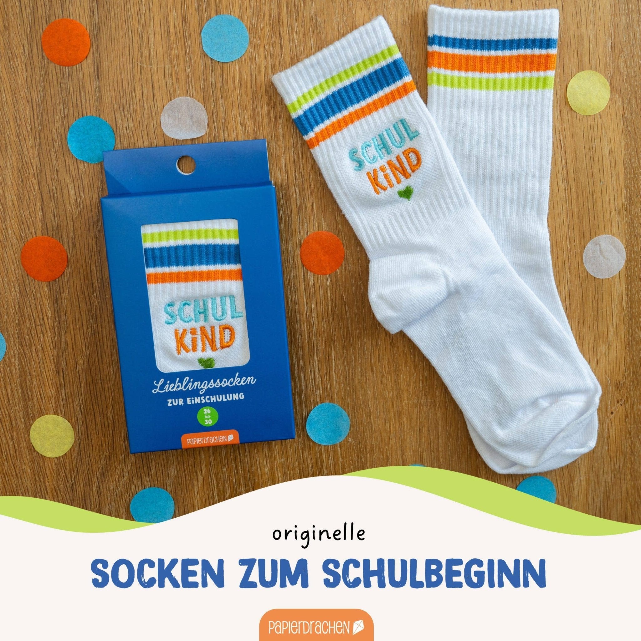 Schulanfang Socken - blau - Endlich bin ich ein Schulkind Papierdrachen - malmichbuntbest.com