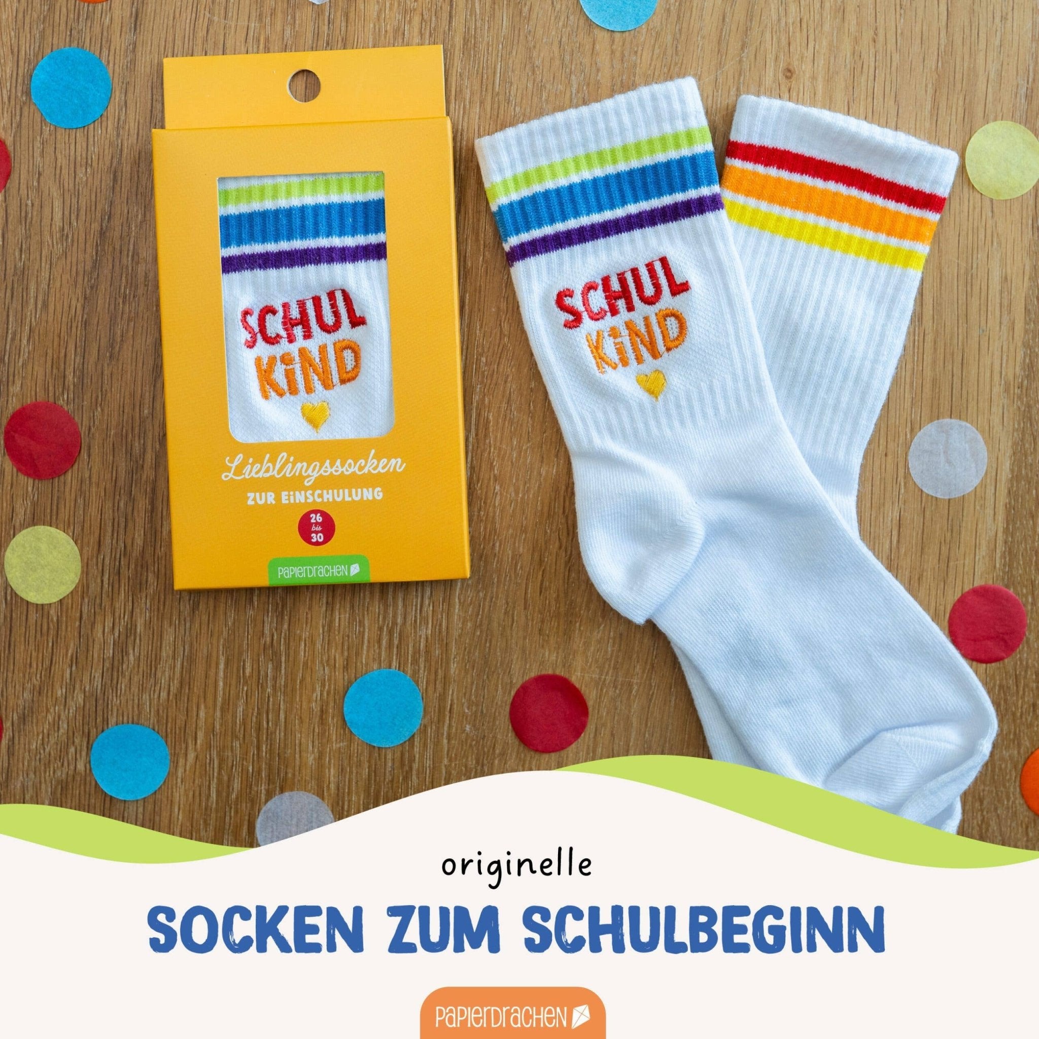 Socken Schulanfang - bunt - Endlich bin ich ein Schulkind Papierdrachen - malmichbuntbest.com