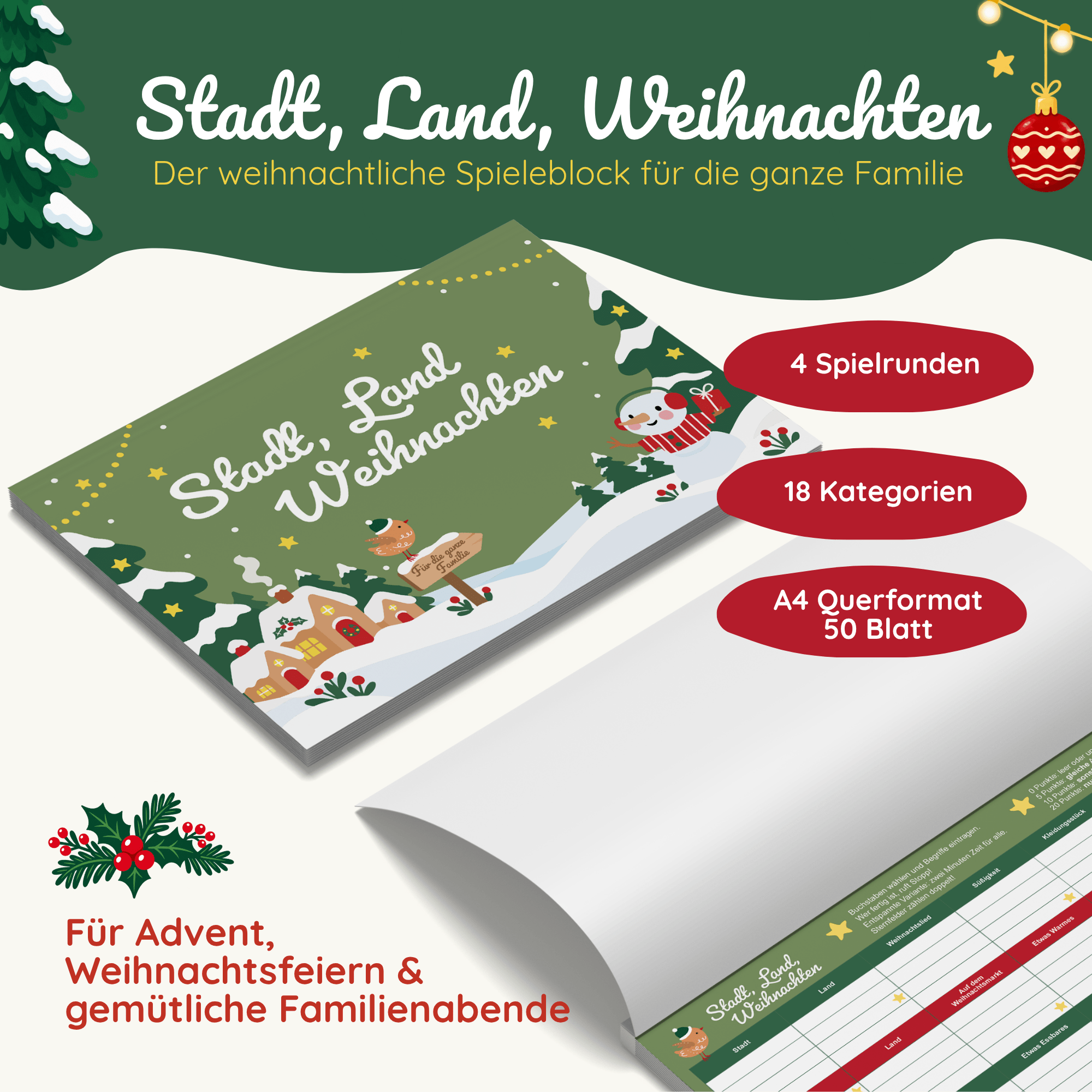 Stadt, Land, Weihnachten – Weihnachtliches Stadt-Land-Fluss Spiel für die ganze Familie | A4 Spielblock Jeka - malmichbuntbest.com