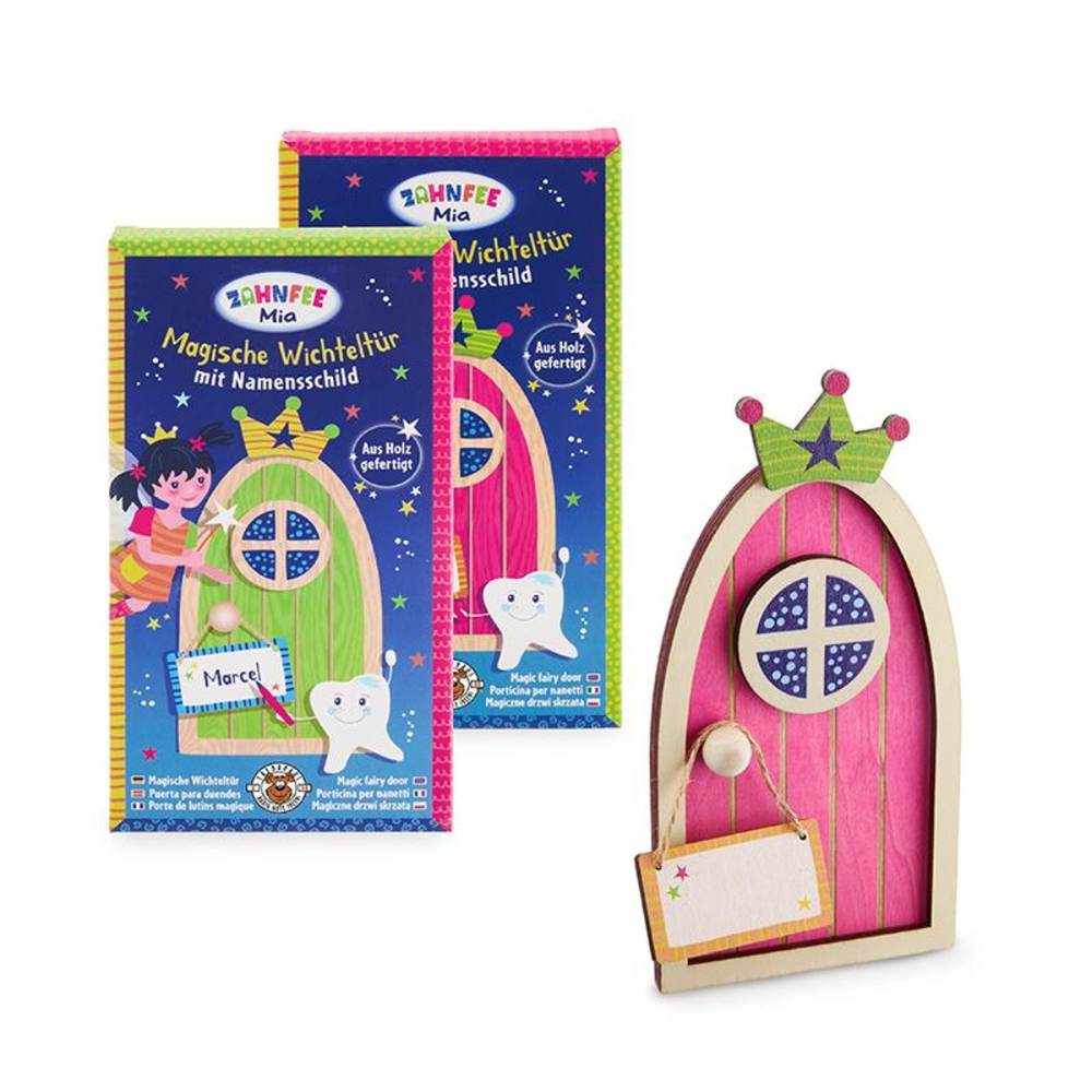 Trendhaus Wichteltür aus Holz mit Namenschild - Zahnfee Mia Rosa Trendhaus - malmichbuntbest.com